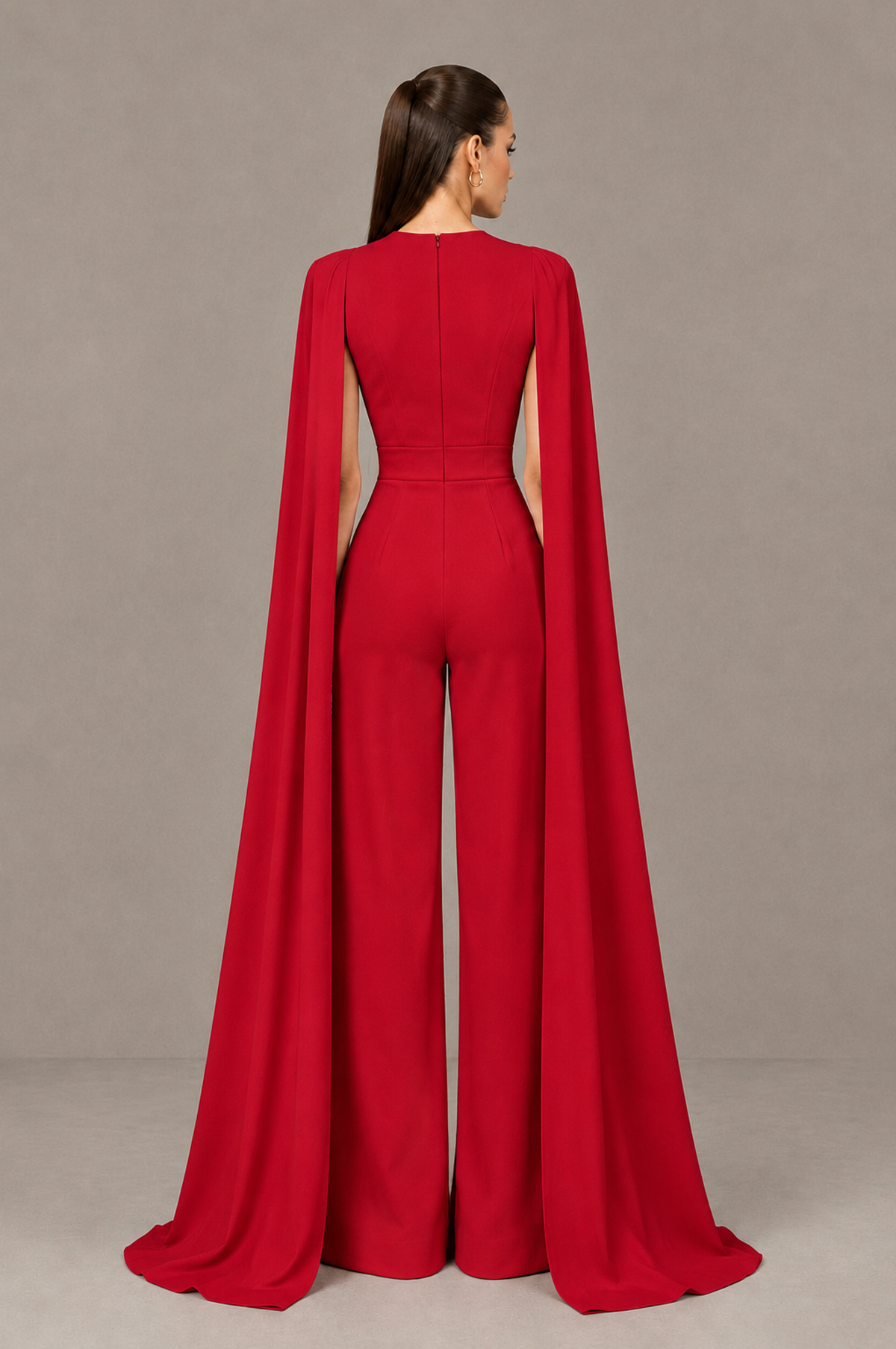 BOLODOO Red Deep V-Neck Cape Sleeve Bridal Jumpsuit - Red - Red_02