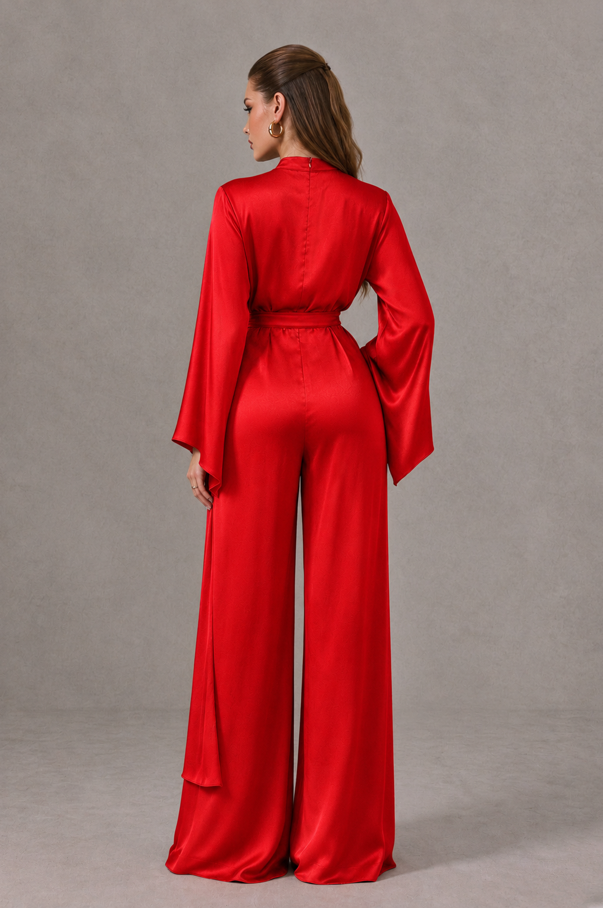BOLODOO Red Satin-Look Long Sleeve Wide-Leg Jumpsuit - Red - Red_02