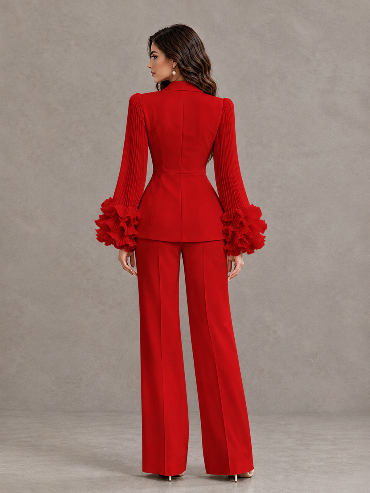 BOLODOO Red Mother of the Bride Pant Suit – Pleated Long Sleeve Ruffle Cuff Wide Leg Trouser Suit - Red - Red_02