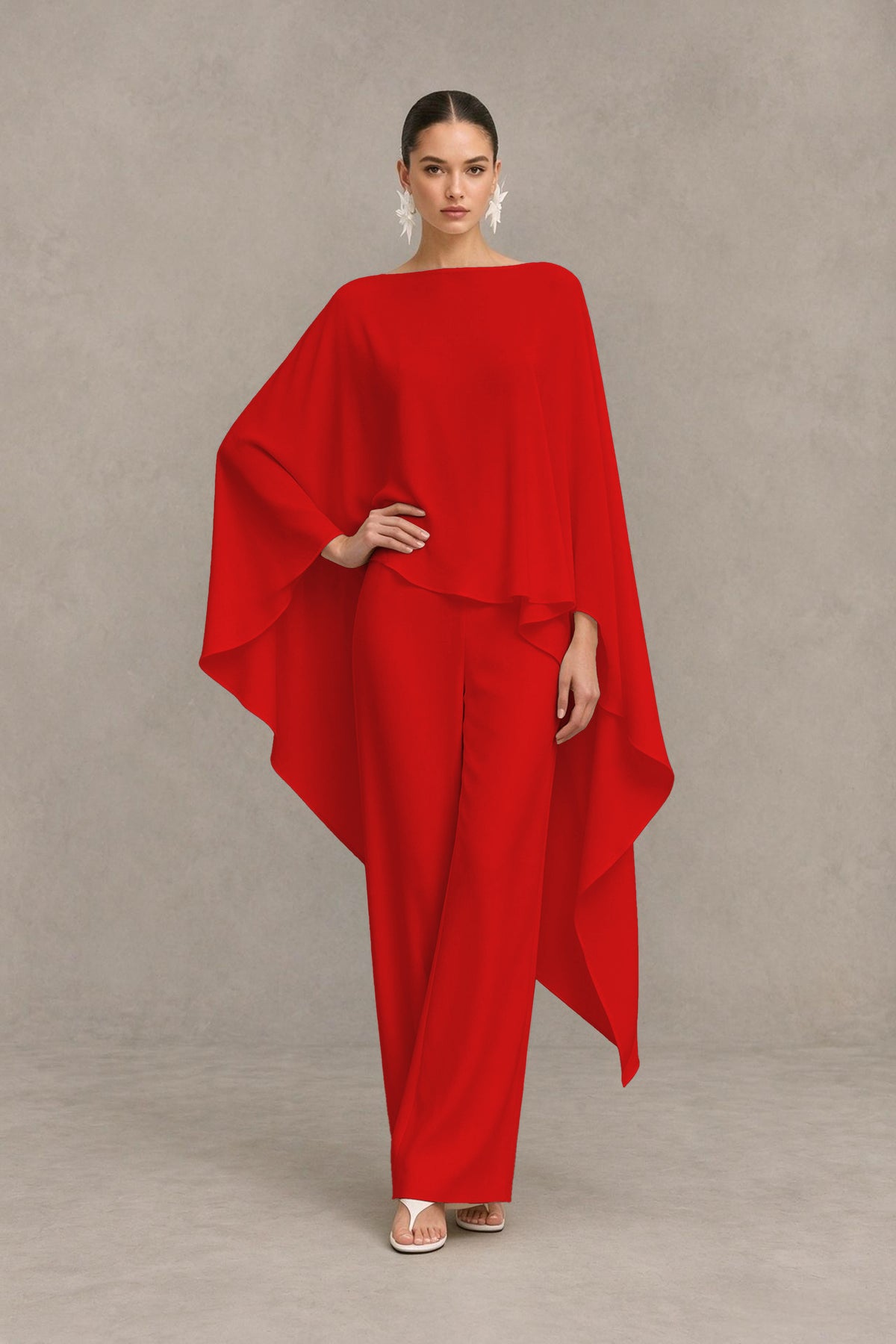 BOLODOO Red Cape Sleeve Wide-Leg Formal Pantsuit - Red - Red_03