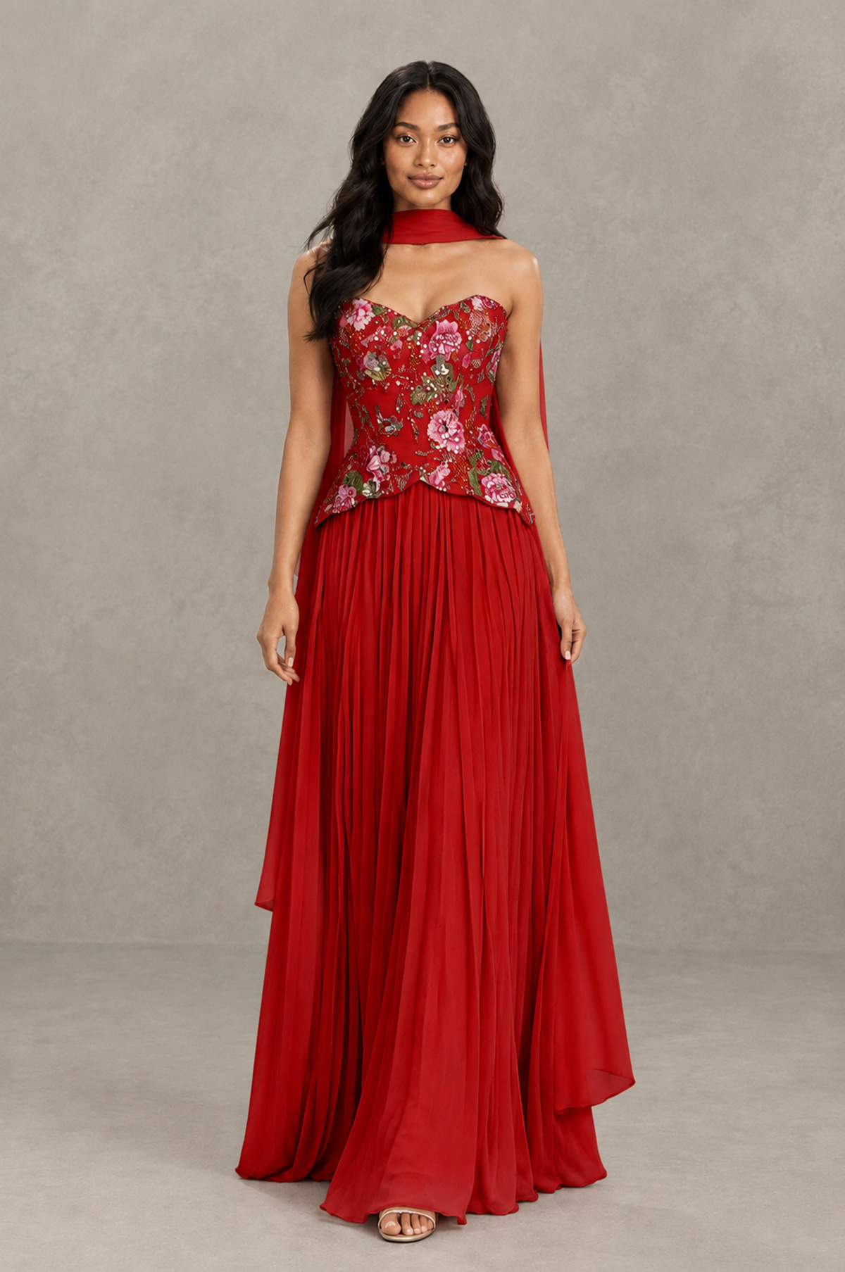 BOLODOO Red Strapless Beaded Floral Corset Chiffon Maxi Gown – Open Back Prom & Formal Evening Dress - Red - Red_03