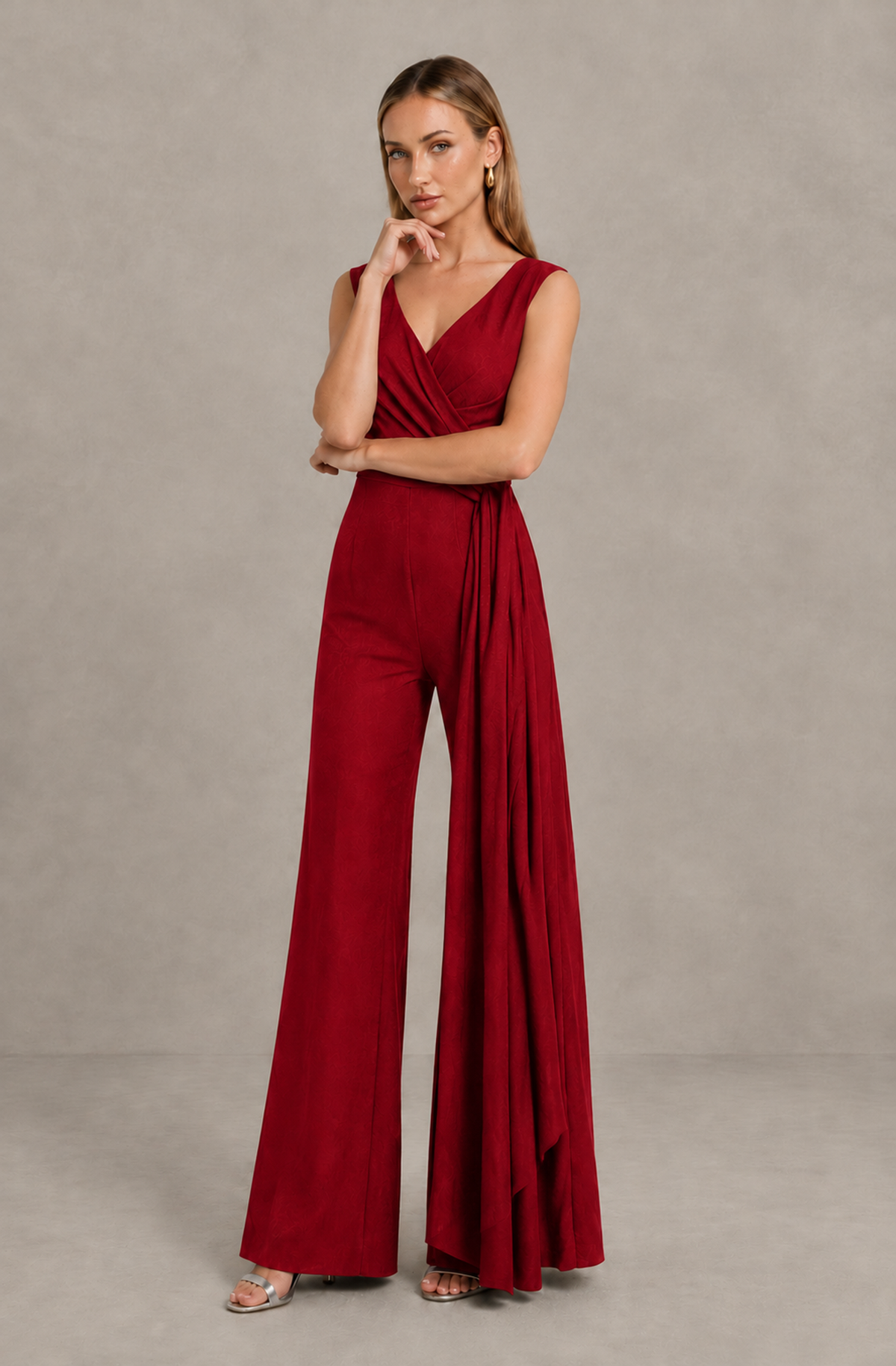 BOLODOO Red Sleeveless V-Neck Wide-Leg Jumpsuit with Side Drape - Red - Red_03