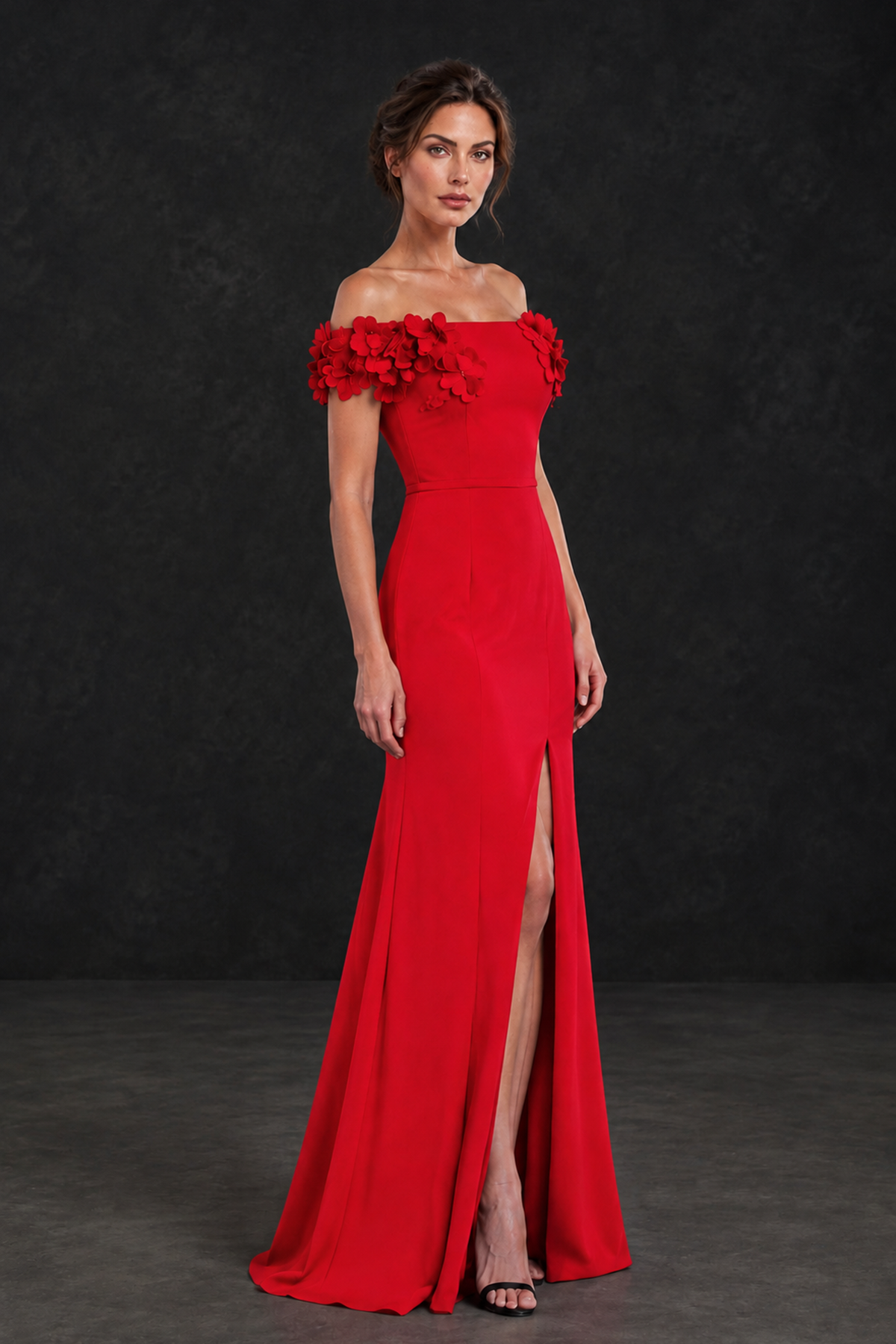 BOLODOO Red Off-the-Shoulder Mother of the Bride Dress with Floral Appliques - Red - Red_03