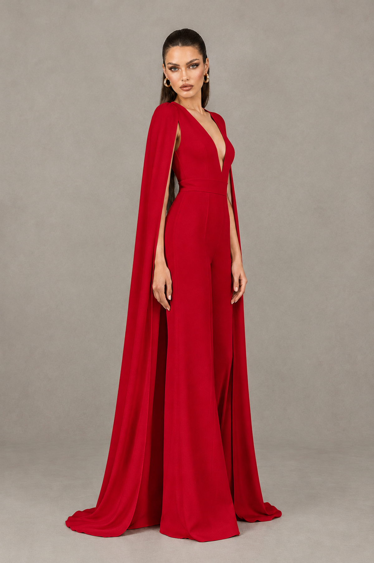BOLODOO Red Deep V-Neck Cape Sleeve Bridal Jumpsuit - Red - Red_03