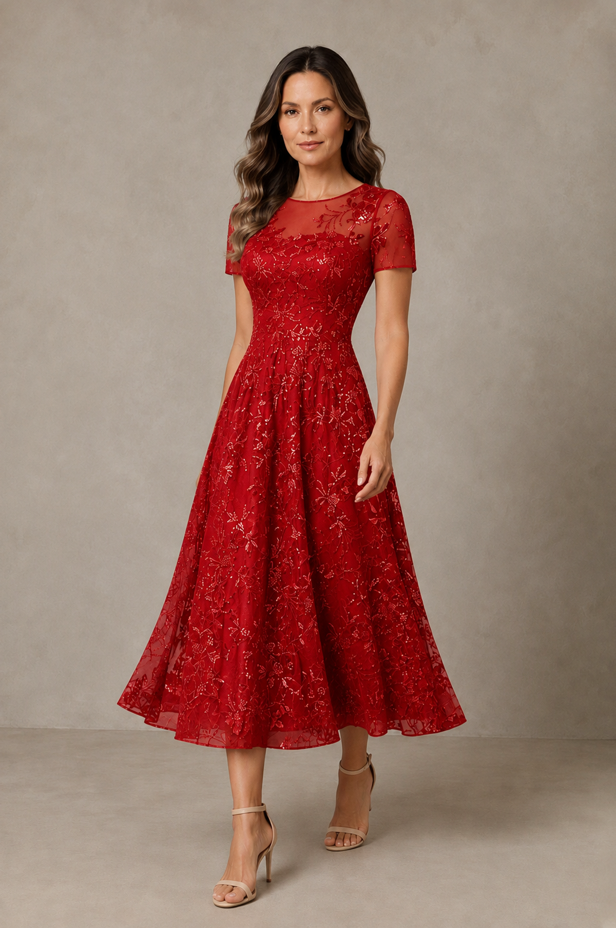 BOLODOO Red Textured Floral A-Line Dress with Short Sleeves - Red - Red_03