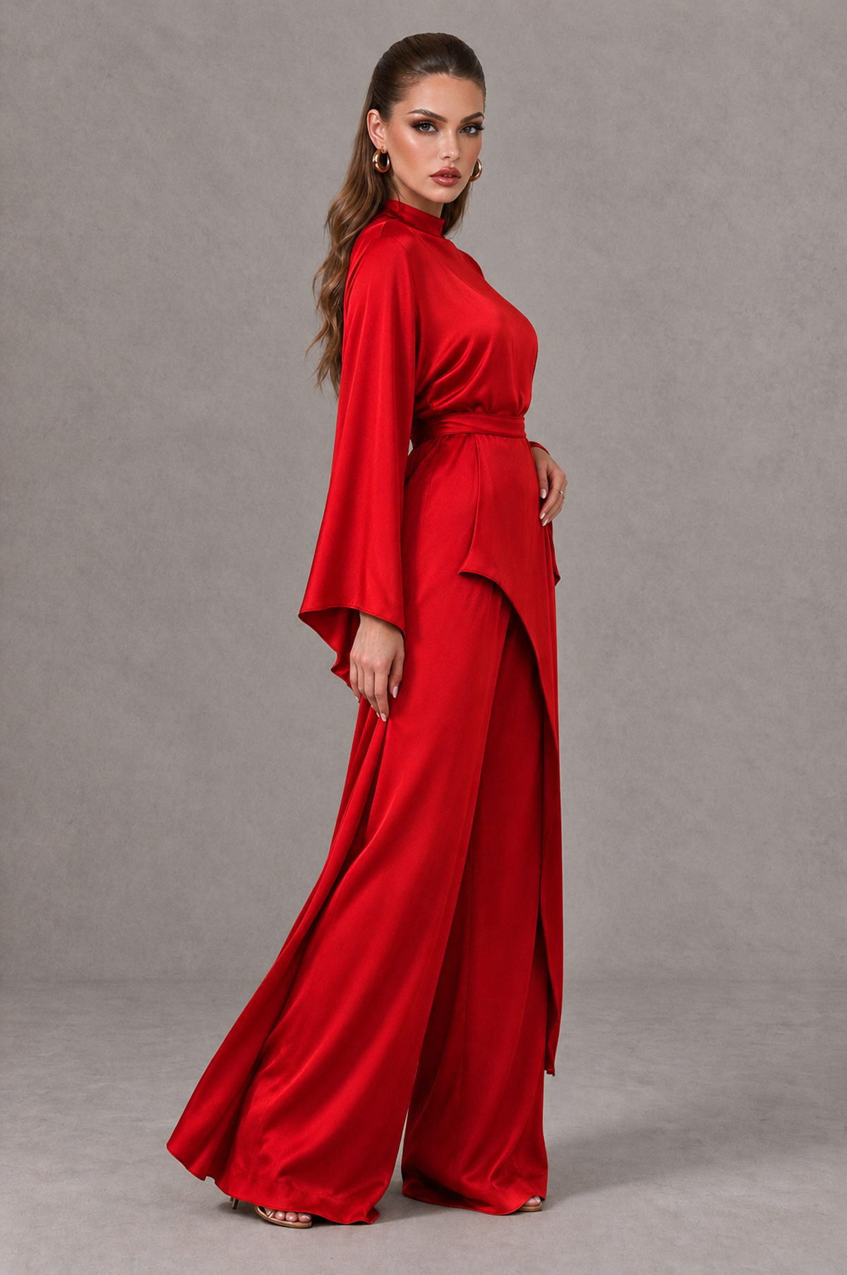 BOLODOO Red Satin-Look Long Sleeve Wide-Leg Jumpsuit - Red - Red_03