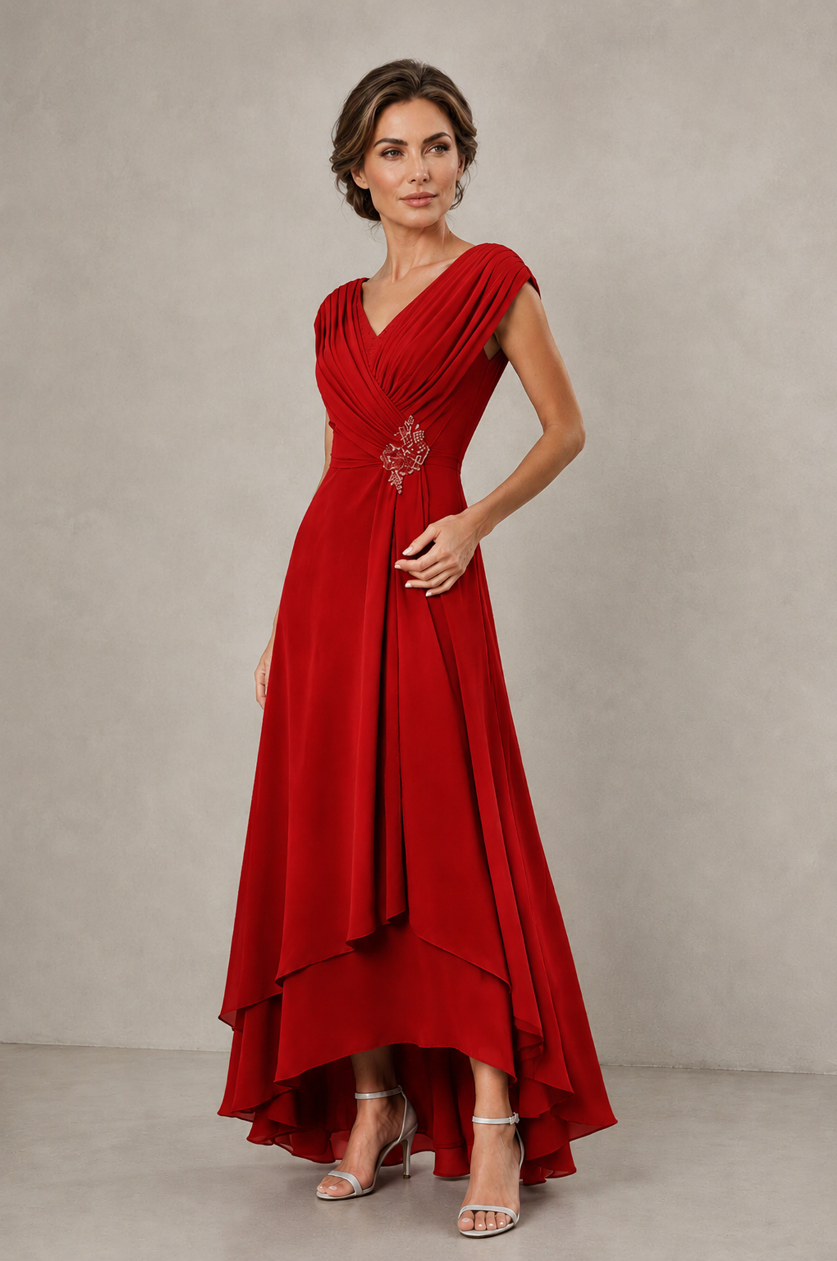 BOLODOO Red V-Neck High-Low Mother of the Bride Dress - Red - Red_03
