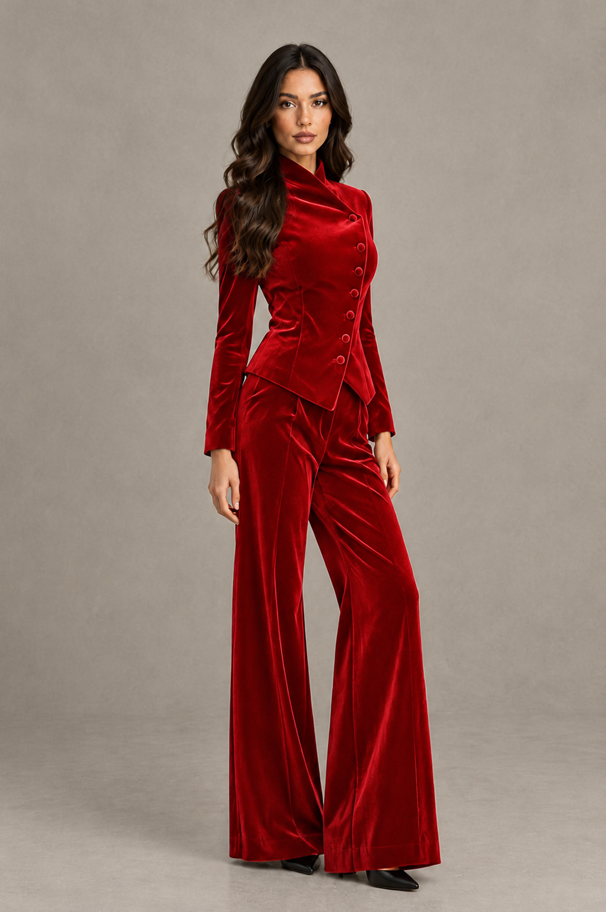 BOLODOO Red Velvet Two-Piece Pantsuit with Long Sleeve Blazer & Wide-Leg Trousers - Red - Red_03