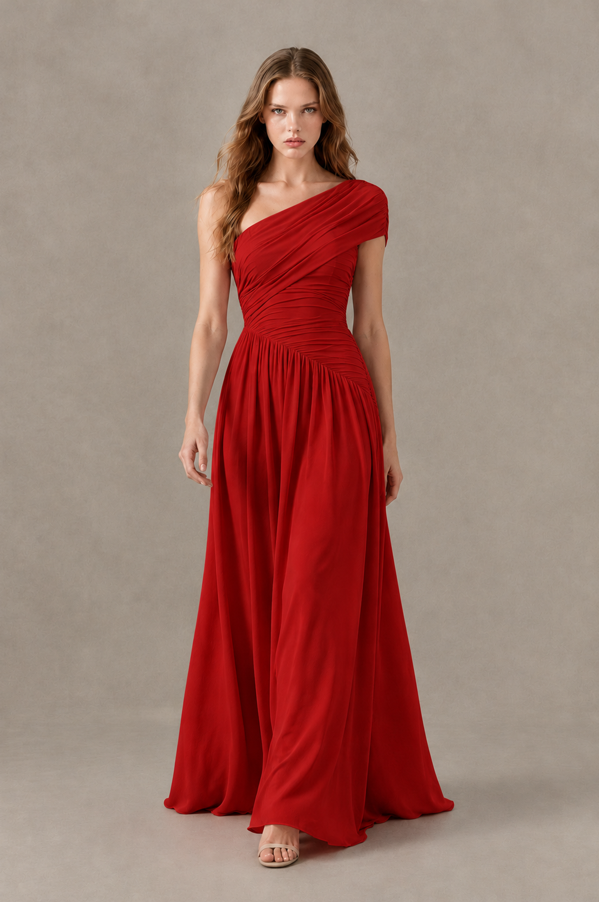 BOLODOO Red One-Shoulder Ruched Floor-Length Bridesmaid Dress - Red - Red_03