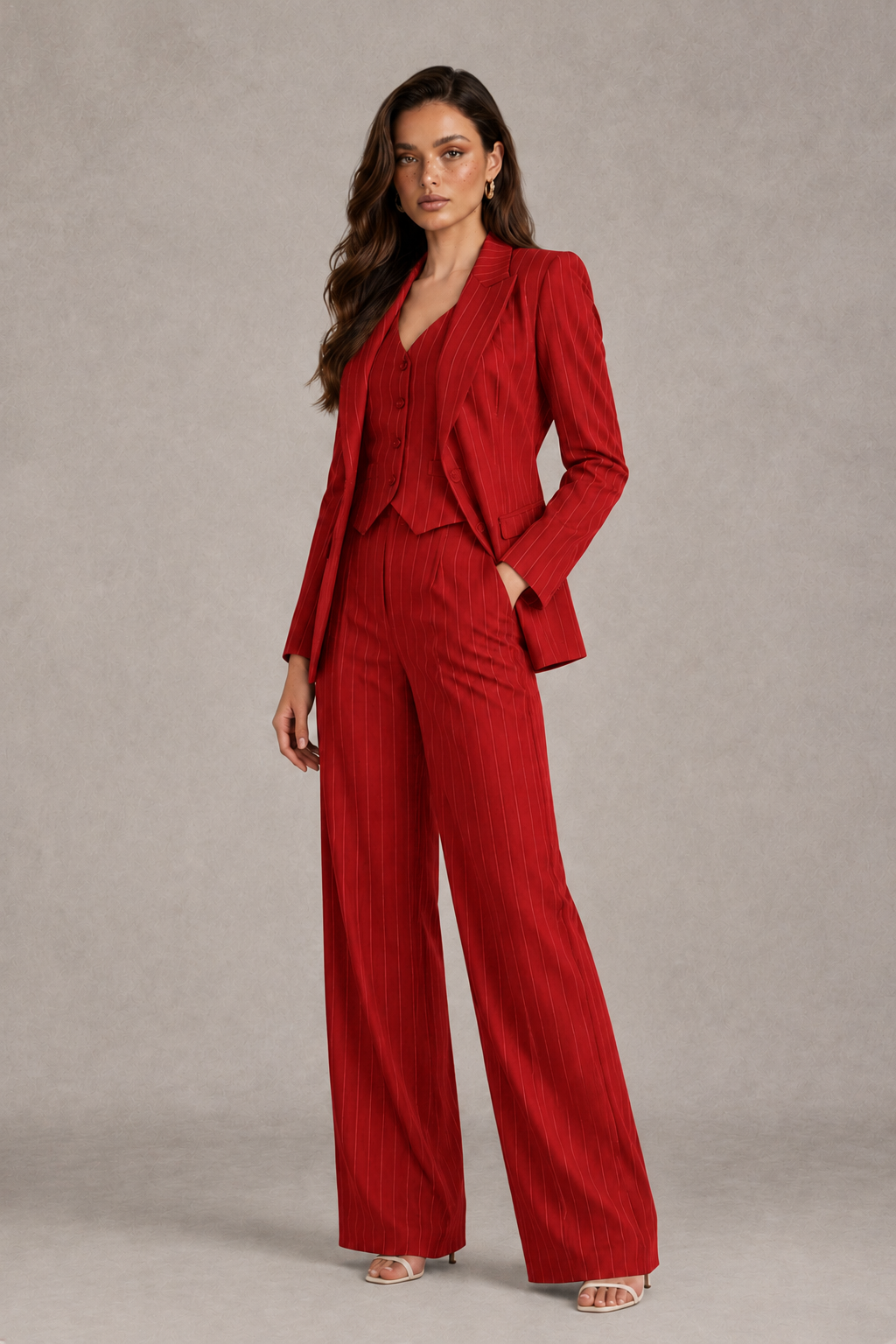 BOLODOO Women's Red Pinstripe Three-Piece Pantsuit with Wide-Leg Trousers - Red - Red_03
