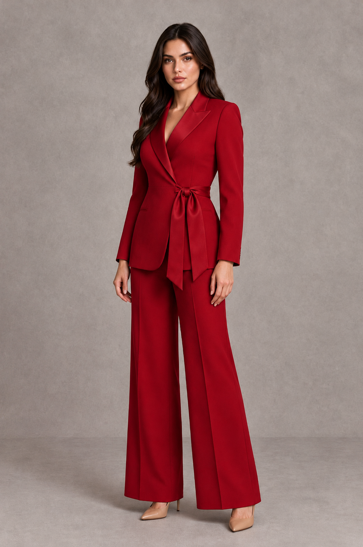 BOLODOO Red Tie-Waist Blazer & Wide-Leg Pantsuit - Red - Red_03