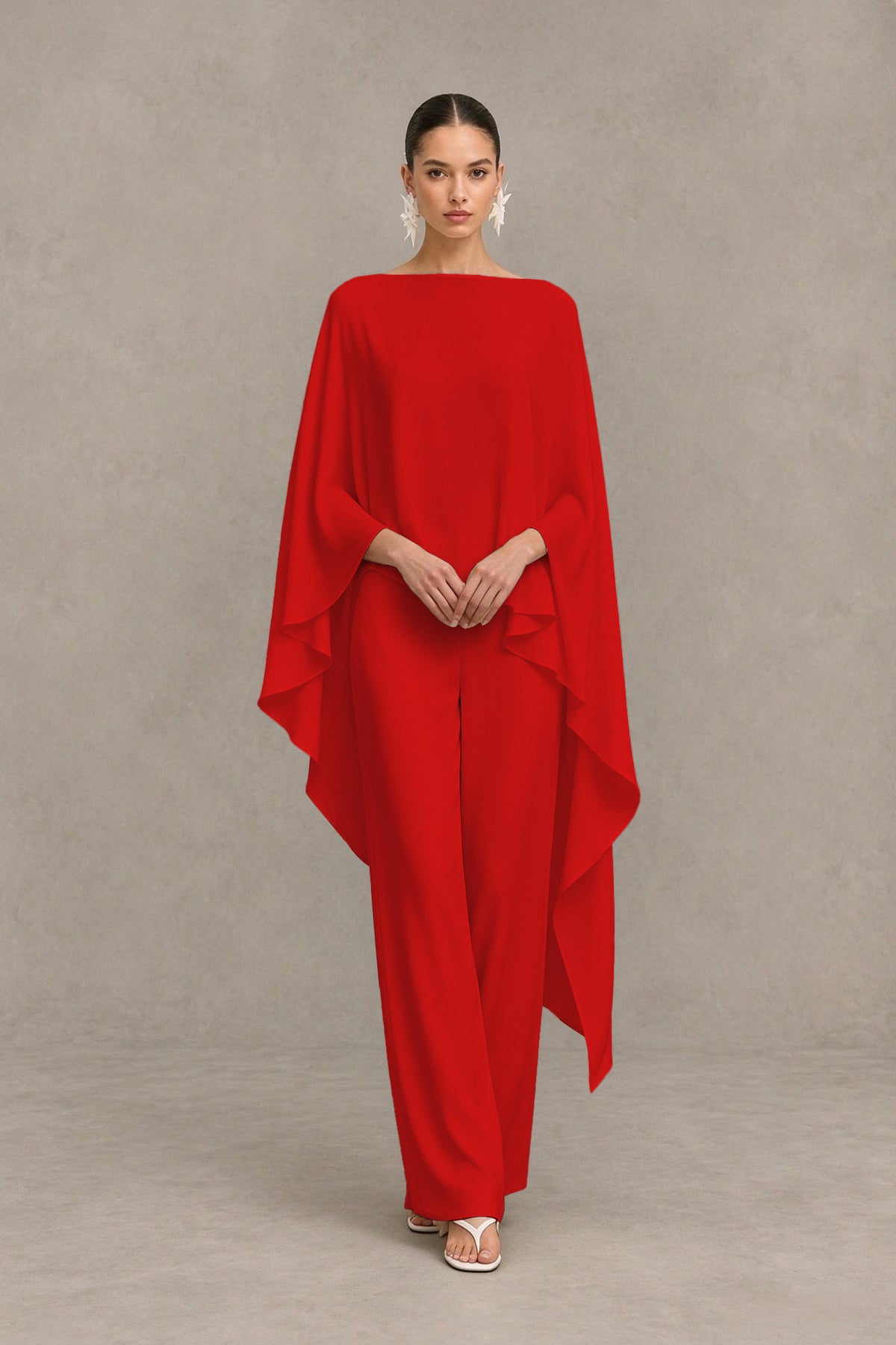 BOLODOO Red Cape Sleeve Wide-Leg Formal Pantsuit - Red - Red_04