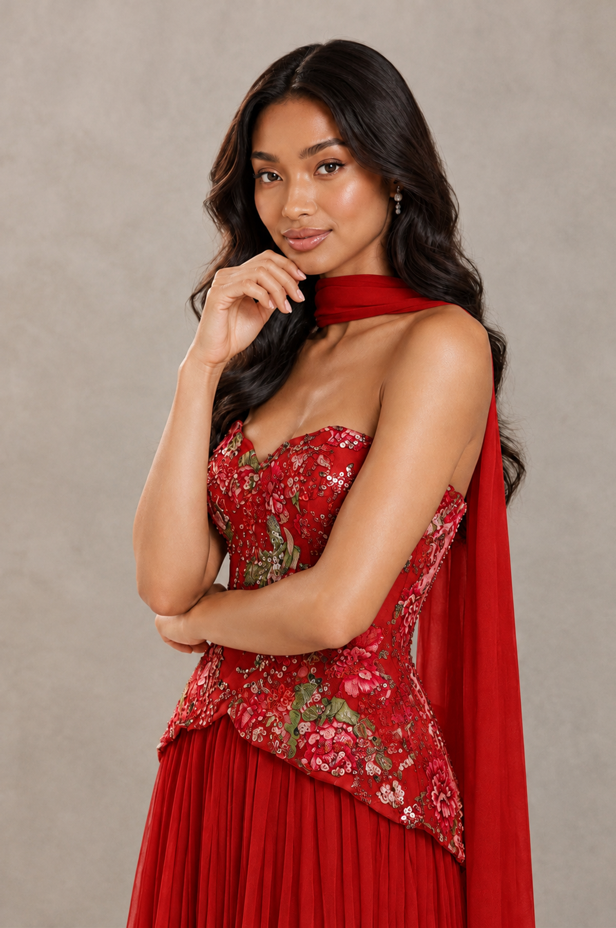 BOLODOO Red Strapless Beaded Floral Corset Chiffon Maxi Gown – Open Back Prom & Formal Evening Dress - Red - Red_04