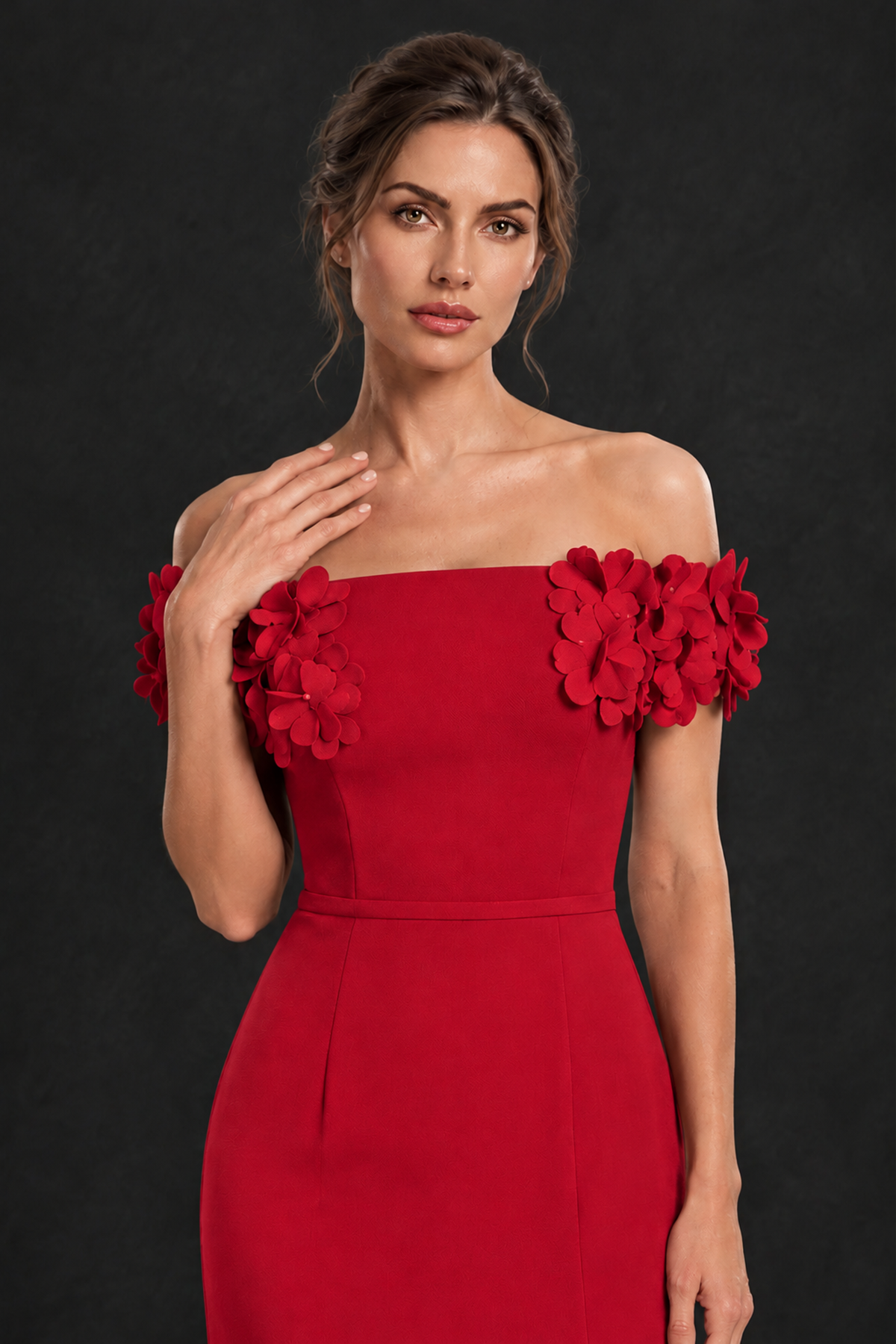 BOLODOO Red Off-the-Shoulder Mother of the Bride Dress with Floral Appliques - Red - Red_04