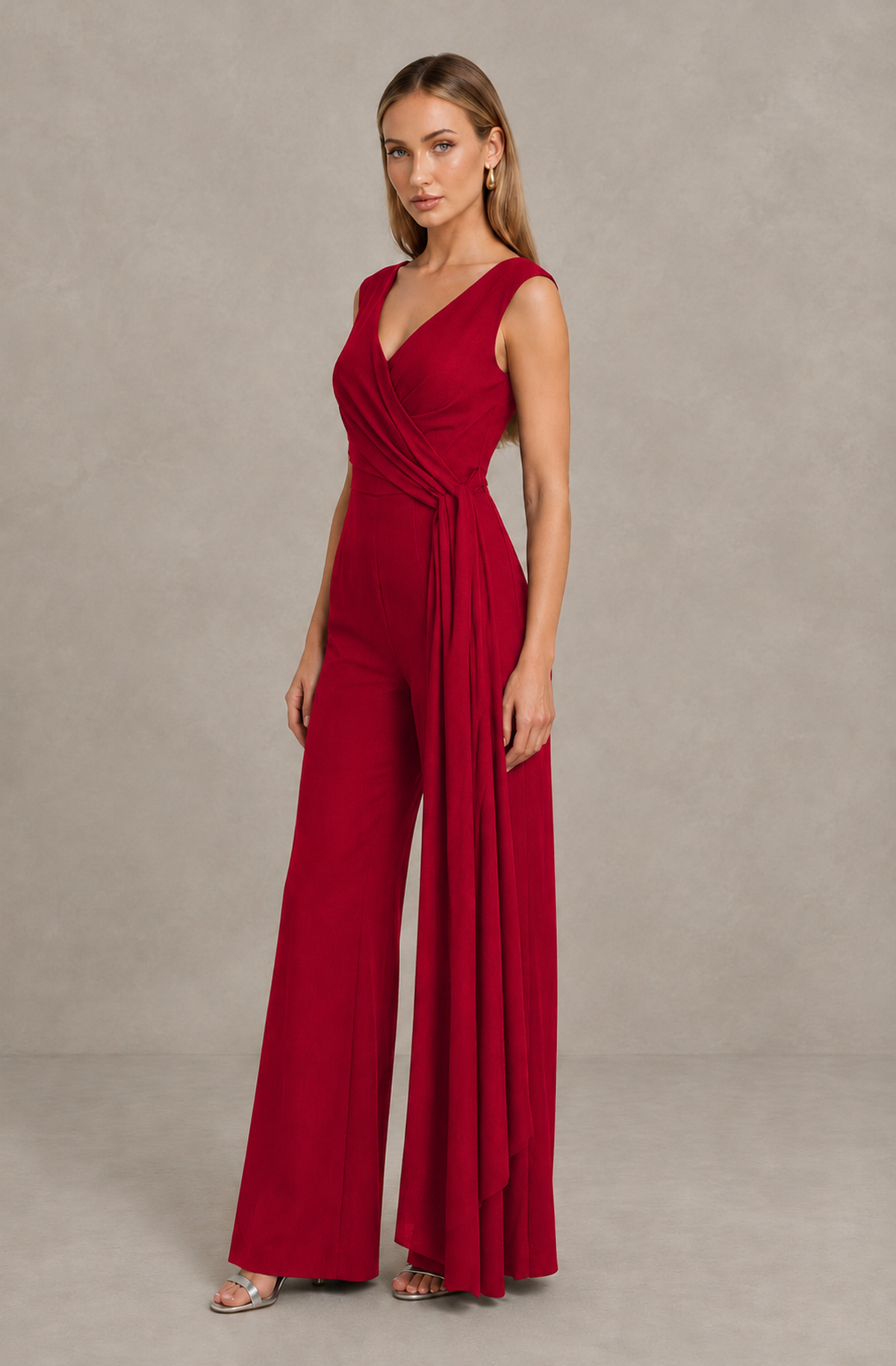 BOLODOO Red Sleeveless V-Neck Wide-Leg Jumpsuit with Side Drape - Red - Red_04