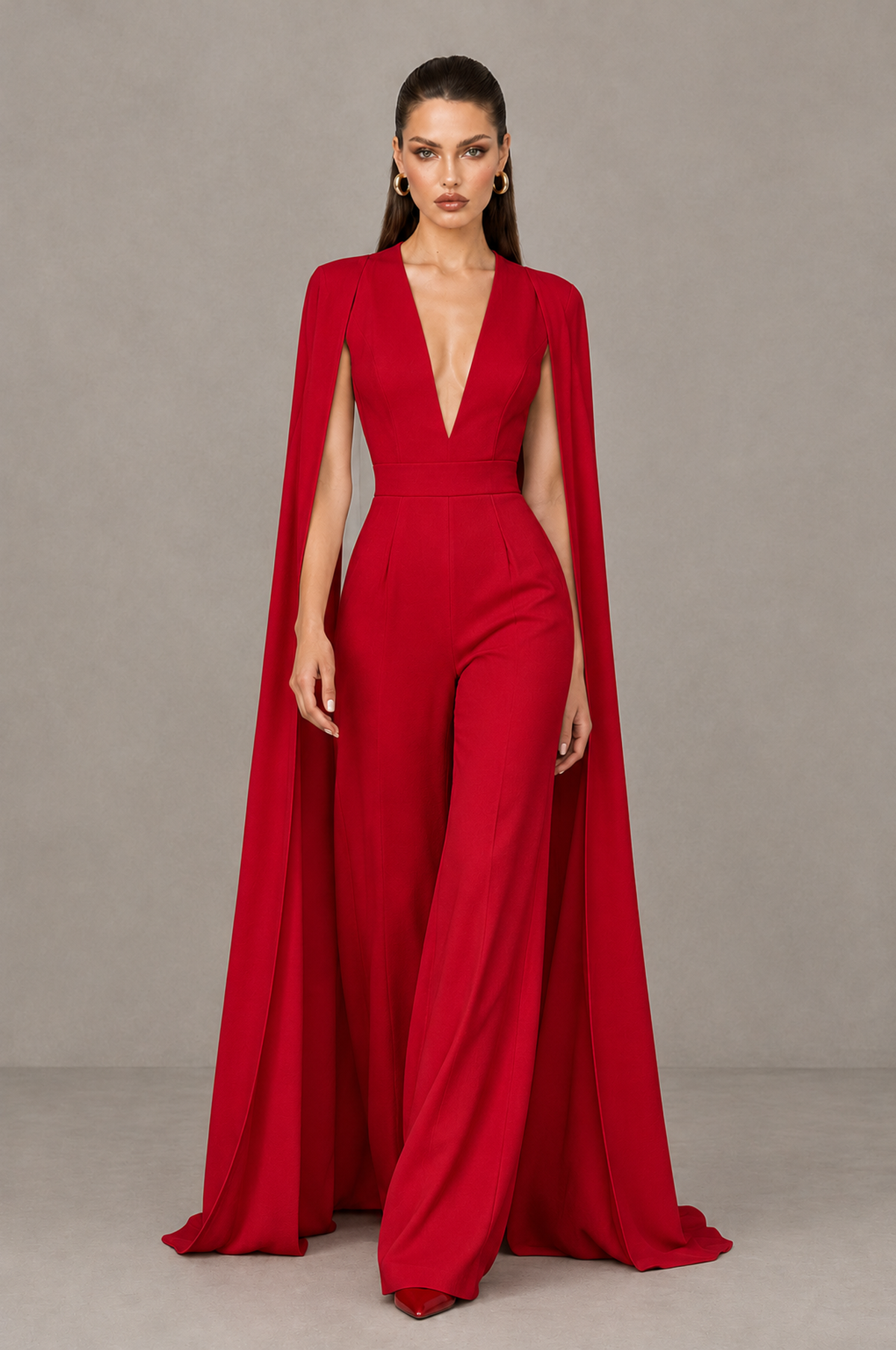 BOLODOO Red Deep V-Neck Cape Sleeve Bridal Jumpsuit - Red - Red_04
