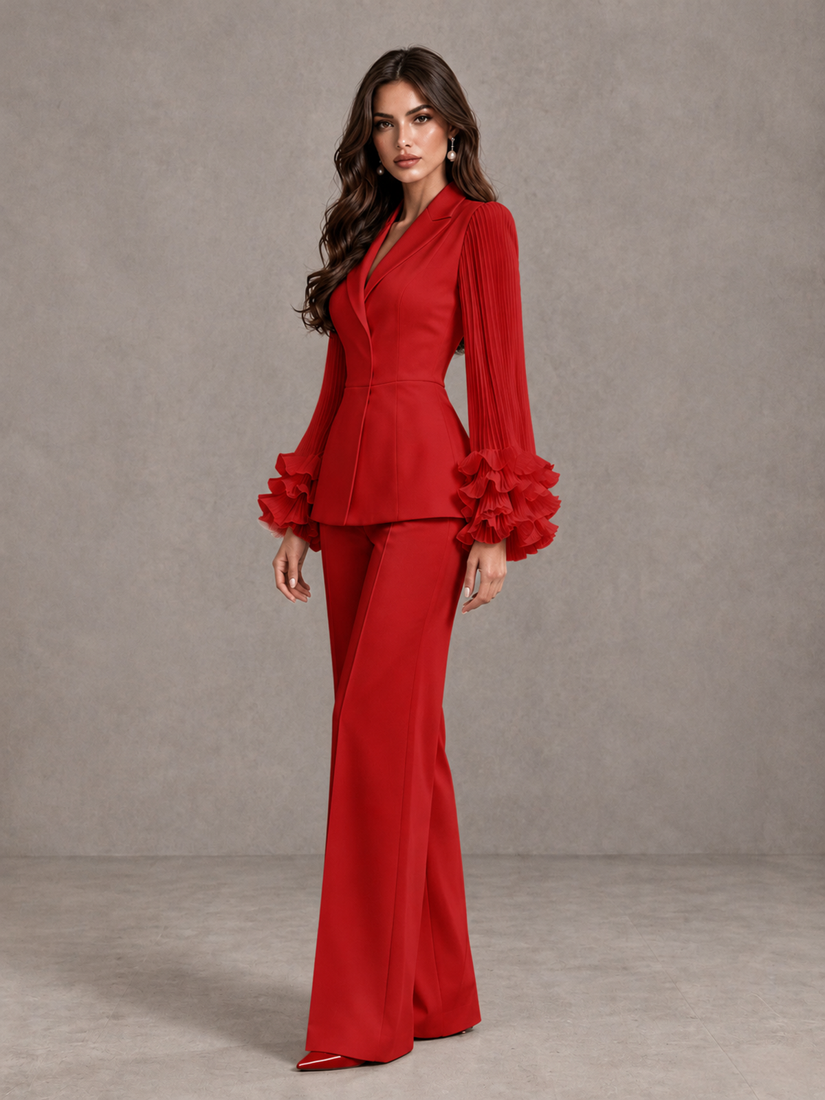 BOLODOO Red Mother of the Bride Pant Suit – Pleated Long Sleeve Ruffle Cuff Wide Leg Trouser Suit - Red - Red_04