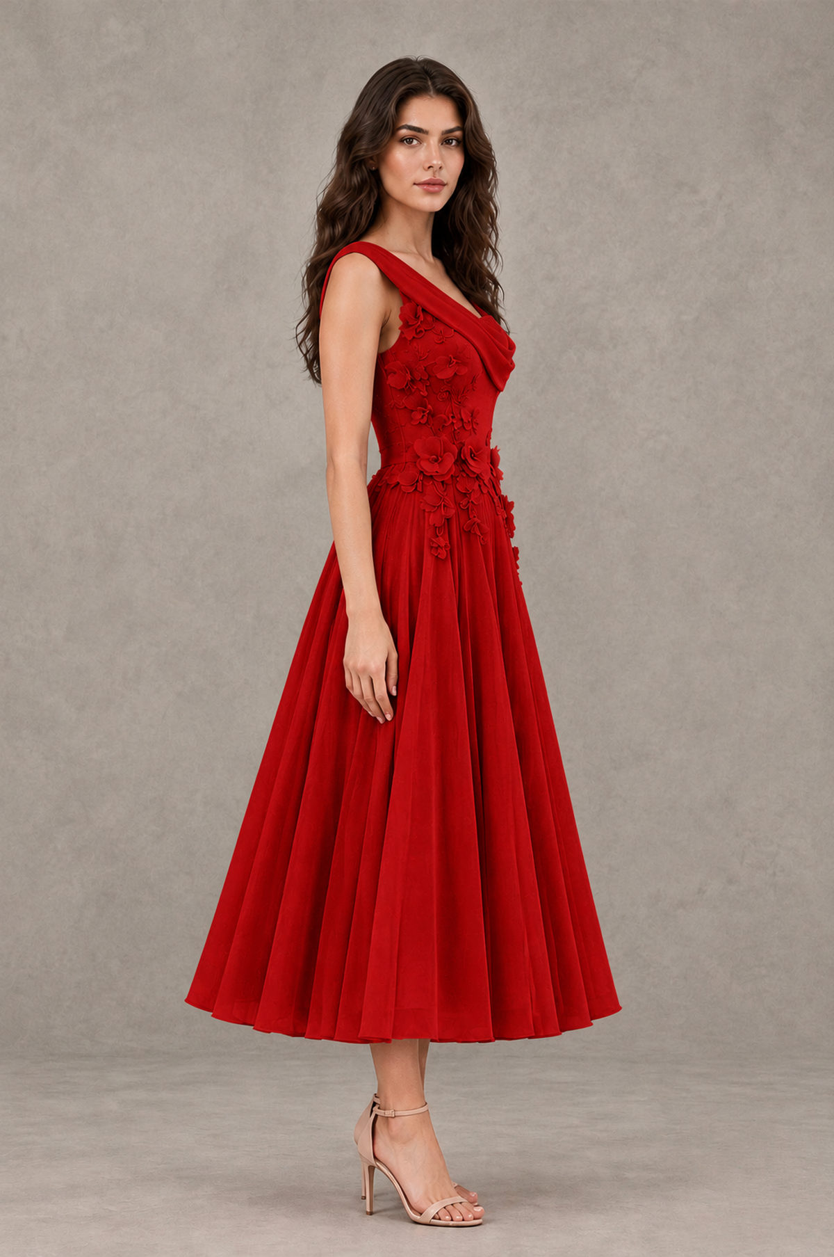 BOLODOO Red One-Shoulder Floral Tulle Tea-Length Dress - Red - Red_04