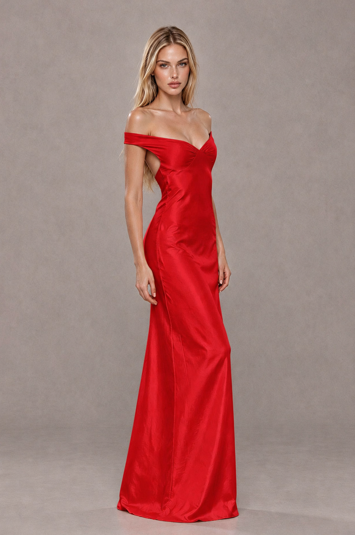 BOLODOO Red Off-Shoulder Open-Back Satin Evening Gown - Red - Red_04