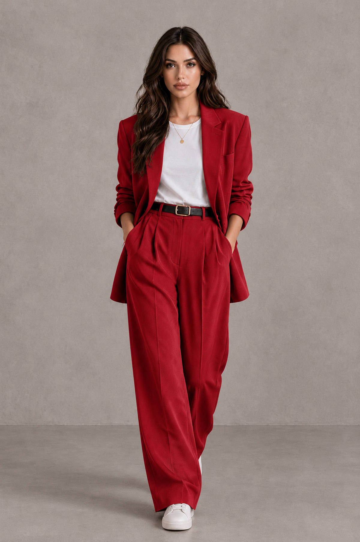 BOLODOO Red Brown Blazer & Wide-Leg Pants Suit for Women - Red - Red_04