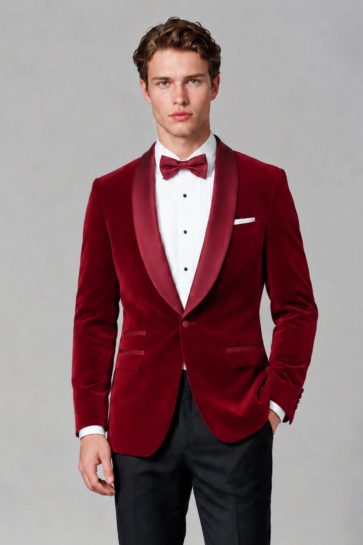 BOLODOO Men's Red Velvet Blazer | Shawl Lapel Tuxedo Jacket - Red - Red_1