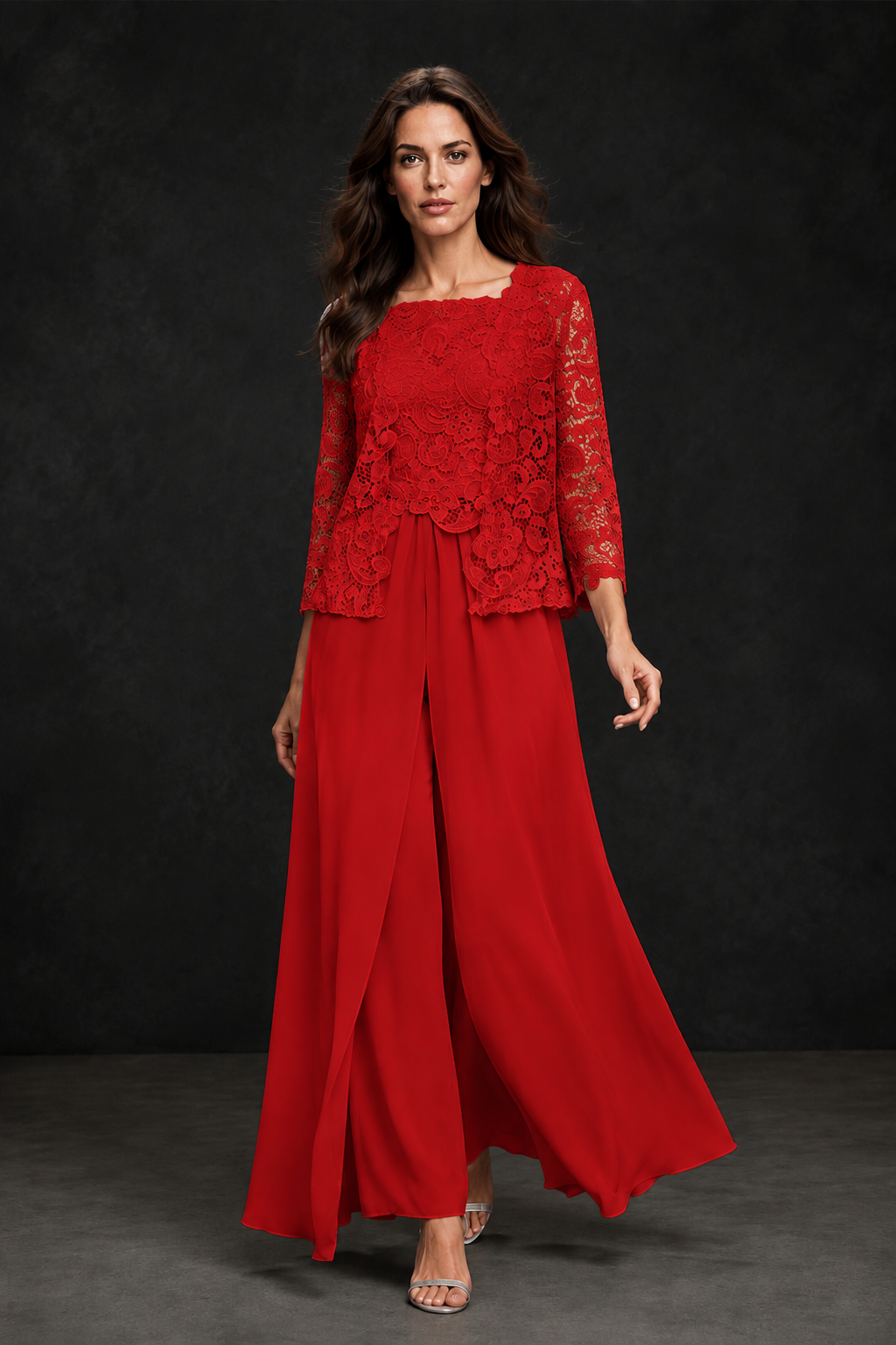 BOLODOO Red Grey Lace Peplum Top & Wide-Leg Chiffon Pants Set | Mother of the Bride & Formal Evening Outfit - Red