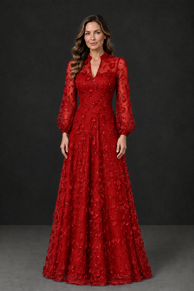 BOLODOO Red Long Sleeve Floral Mother of the Bride Dress - Red - Red_1