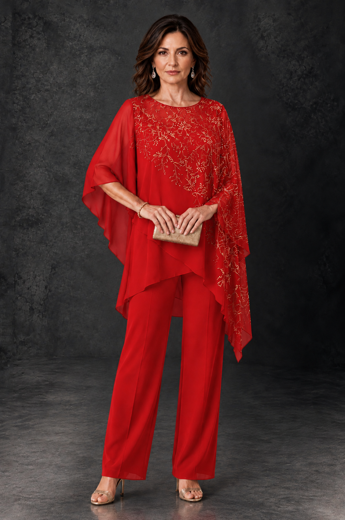 BOLODOO Red Embellished Cape Pant Suit for Mother of the Bride - Red - Red_1