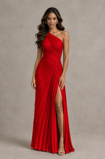 BOLODOO Red One Shoulder Pleated Evening Dress with Ruched Waist and High Slit - Red - Red_1