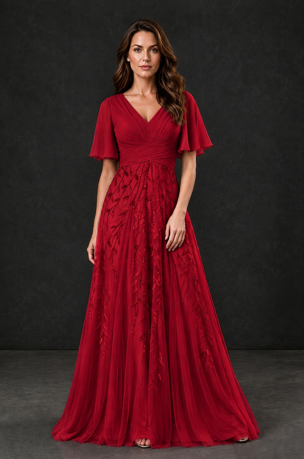 BOLODOO Red V-Neck Flutter Sleeve Beaded Botanical Tulle A-Line Gown | Mother of the Bride Evening Dress - Red - Red_1