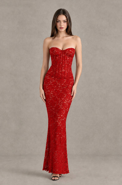 BOLODOO Red Strapless Lace Corset Wedding Guest Dress - Red - Red_1