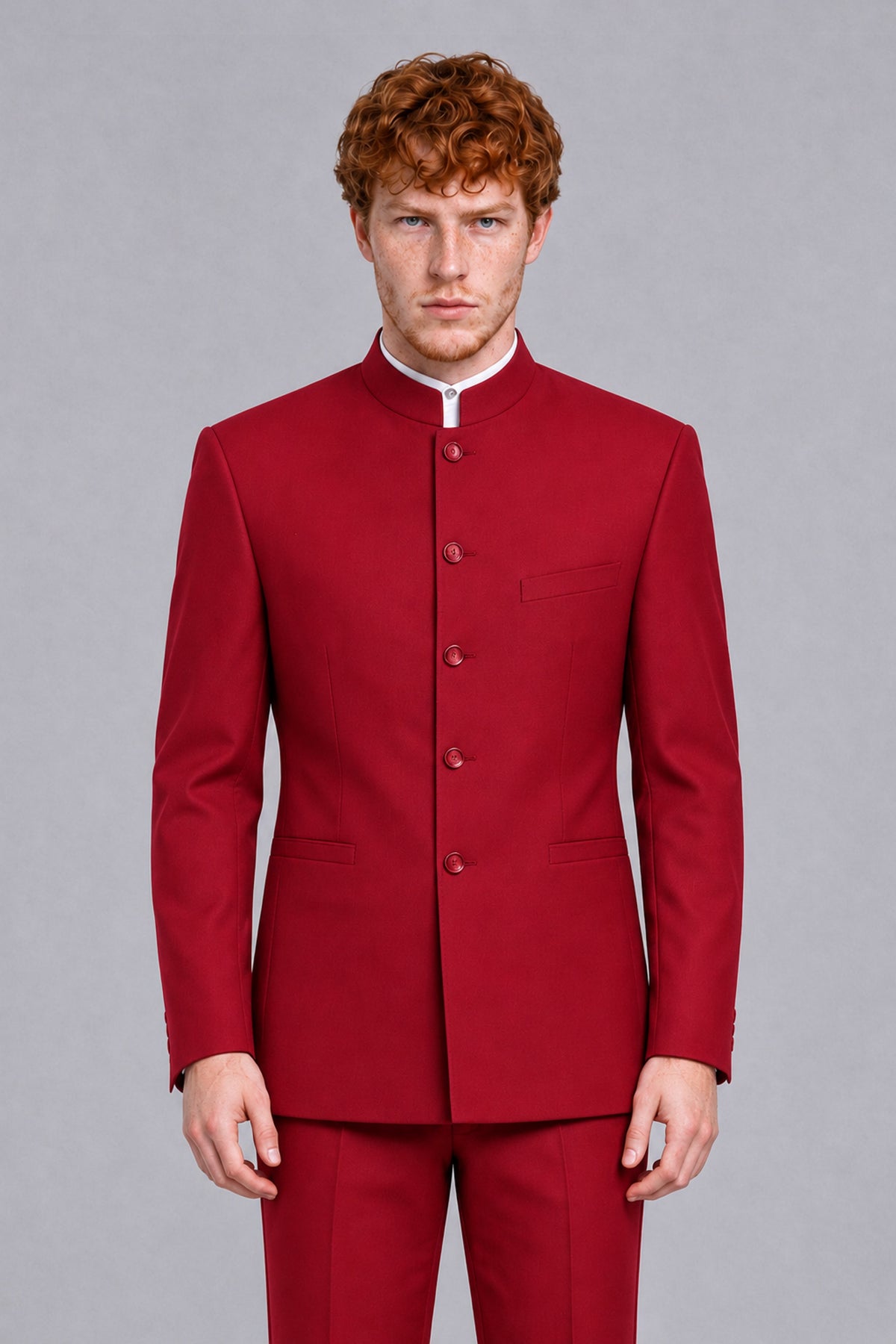 BOLODOO Men's Red Mandarin Collar Two-Piece Suit - Red - Red_1