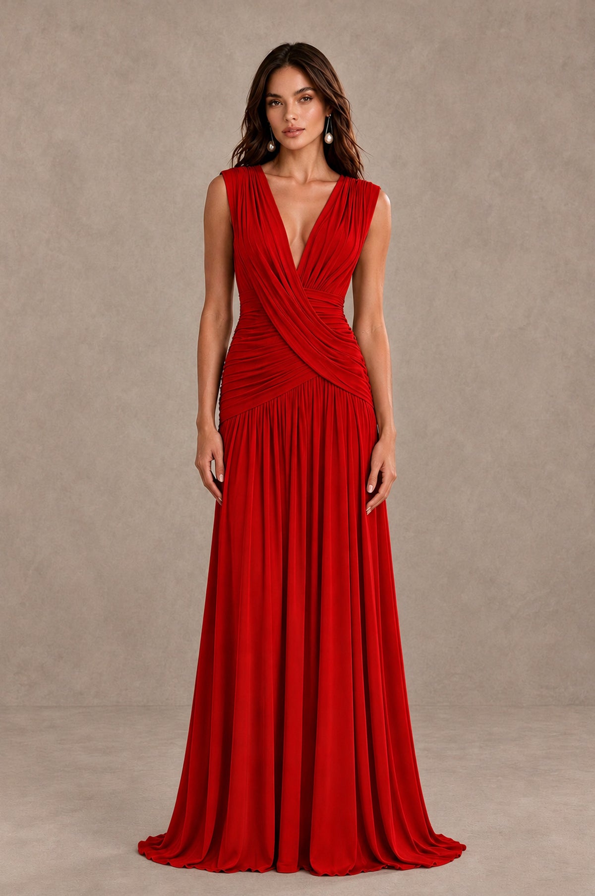 BOLODOO Red V-Neck Ruched Wedding Guest Dress - Red - Red_1