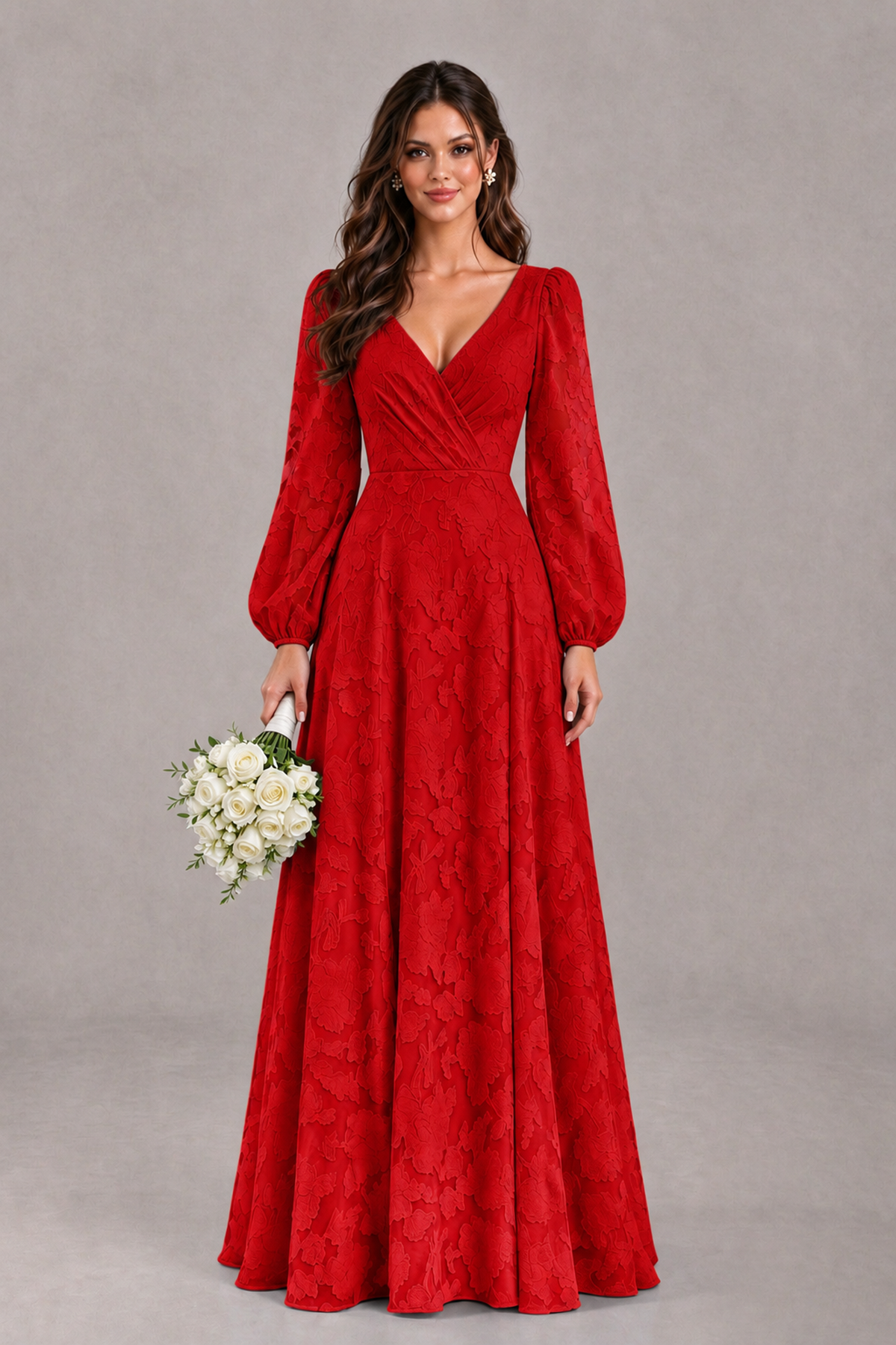 BOLODOO Red Long Sleeve V-Neck A-Line Mother of the Bride Dress - Red - Red_1