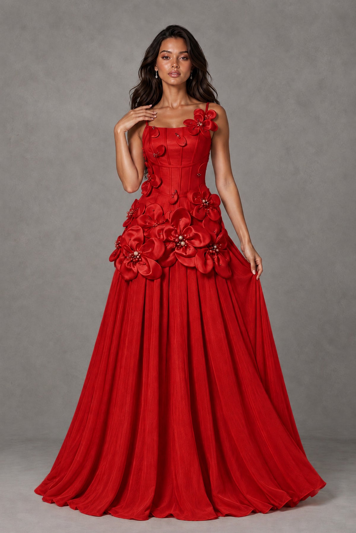 BOLODOO Red 3D Floral Appliqué Floor-Length A-Line Evening Gown - Red