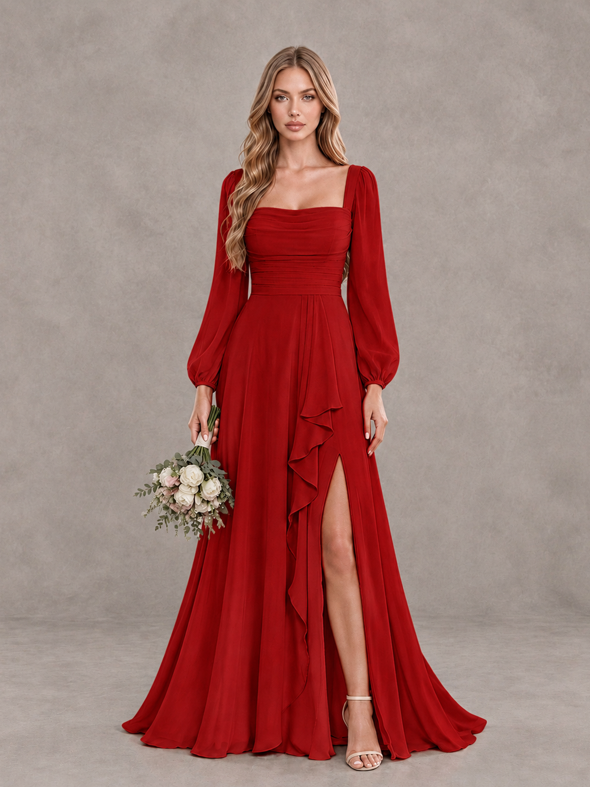 BOLODOO Red Square Neck Long Sleeve Bridesmaid Dress with Ruffle Slit - Red - Red_1