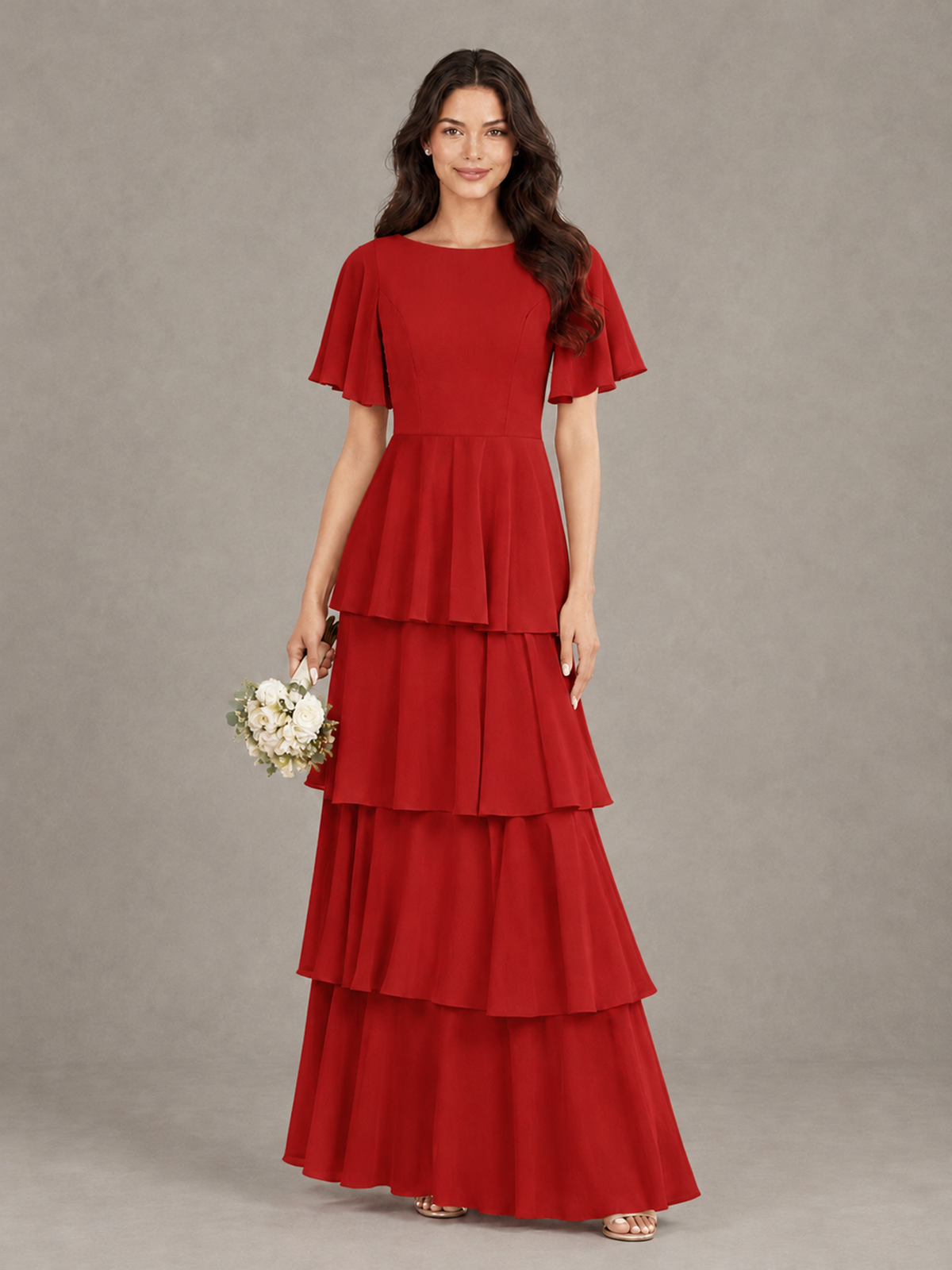 BOLODOO Red Tiered Flutter Sleeve Bridesmaid Dress - Red - Red_1