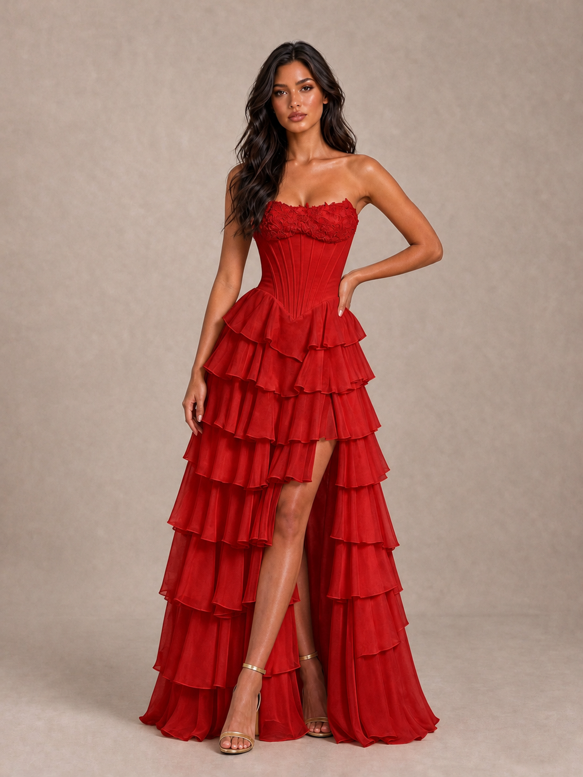 BOLODOO Red Strapless Corset Tiered Ruffle Prom Dress with High Slit - Red - Red_1