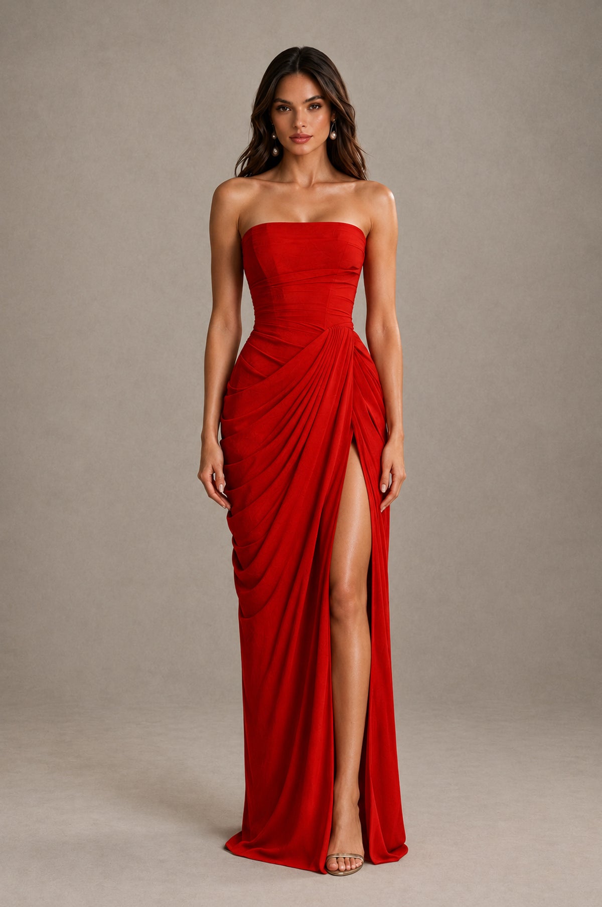 BOLODOO Strapless Draped Maxi Dress - Red Backless Evening Gown with High Slit - Red - Red_1