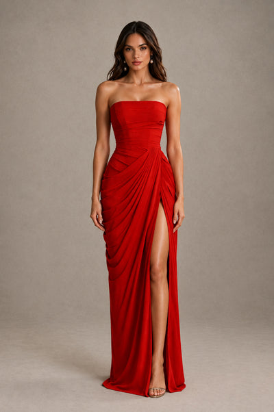 BOLODOO Strapless Draped Maxi Dress - Red Backless Evening Gown with High Slit - Red - Red_1