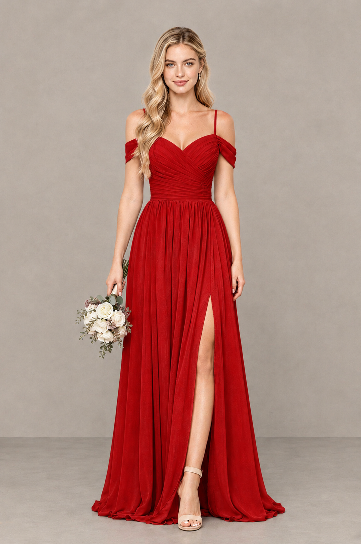 BOLODOO Red Off-Shoulder Bridesmaid Dress with Slit - Red