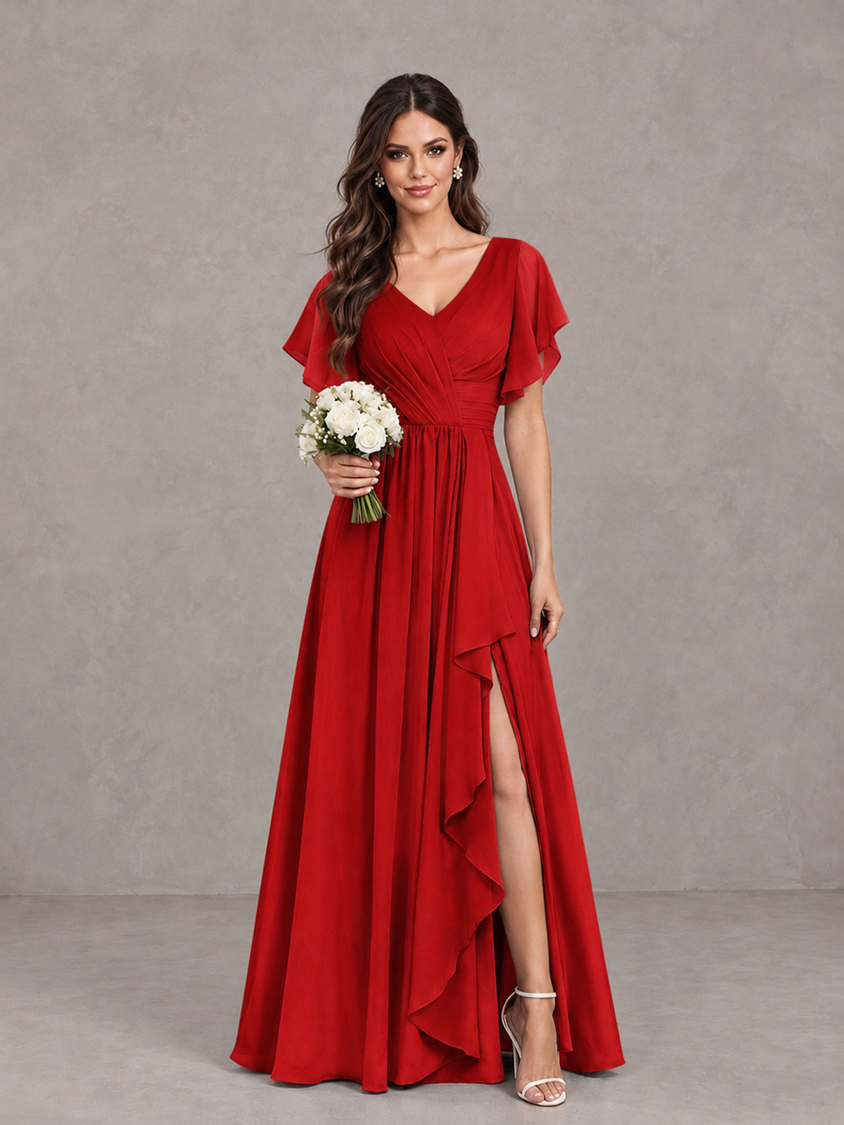 BOLODOO Red Flutter Sleeve V-Neck Bridesmaid Dress with Ruffle Slit - Red - Red_1