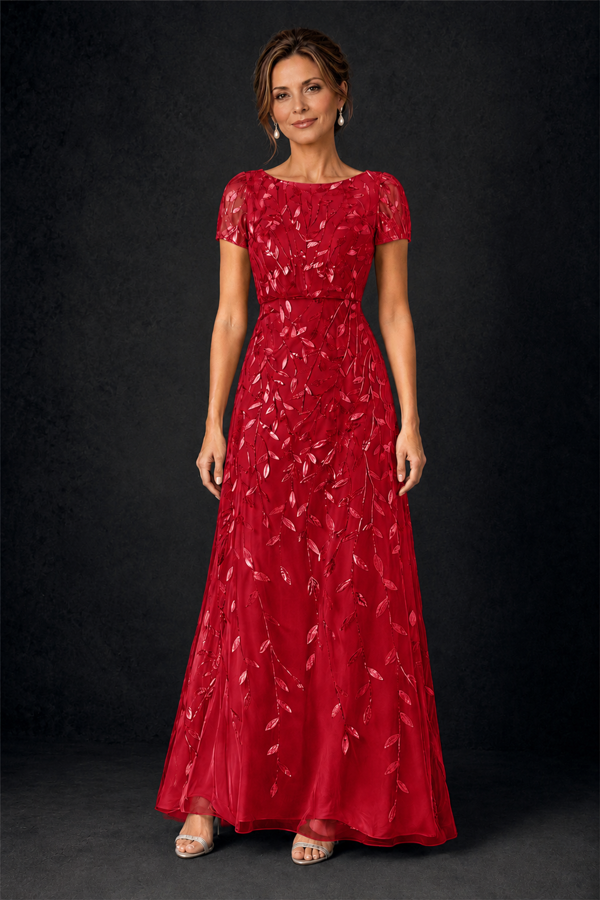 BOLODOO Red Leaf Embroidered A-Line Formal Gown with Cap Sleeves - Red - Red_1
