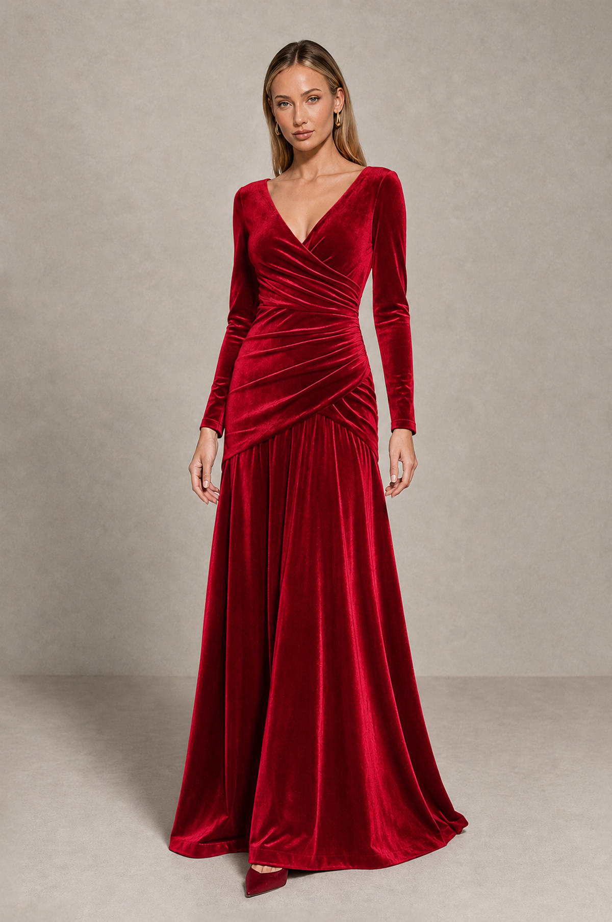 BOLODOO Red Velvet Long Sleeve V-Neck Ruched Evening Dress - Red - Red_1