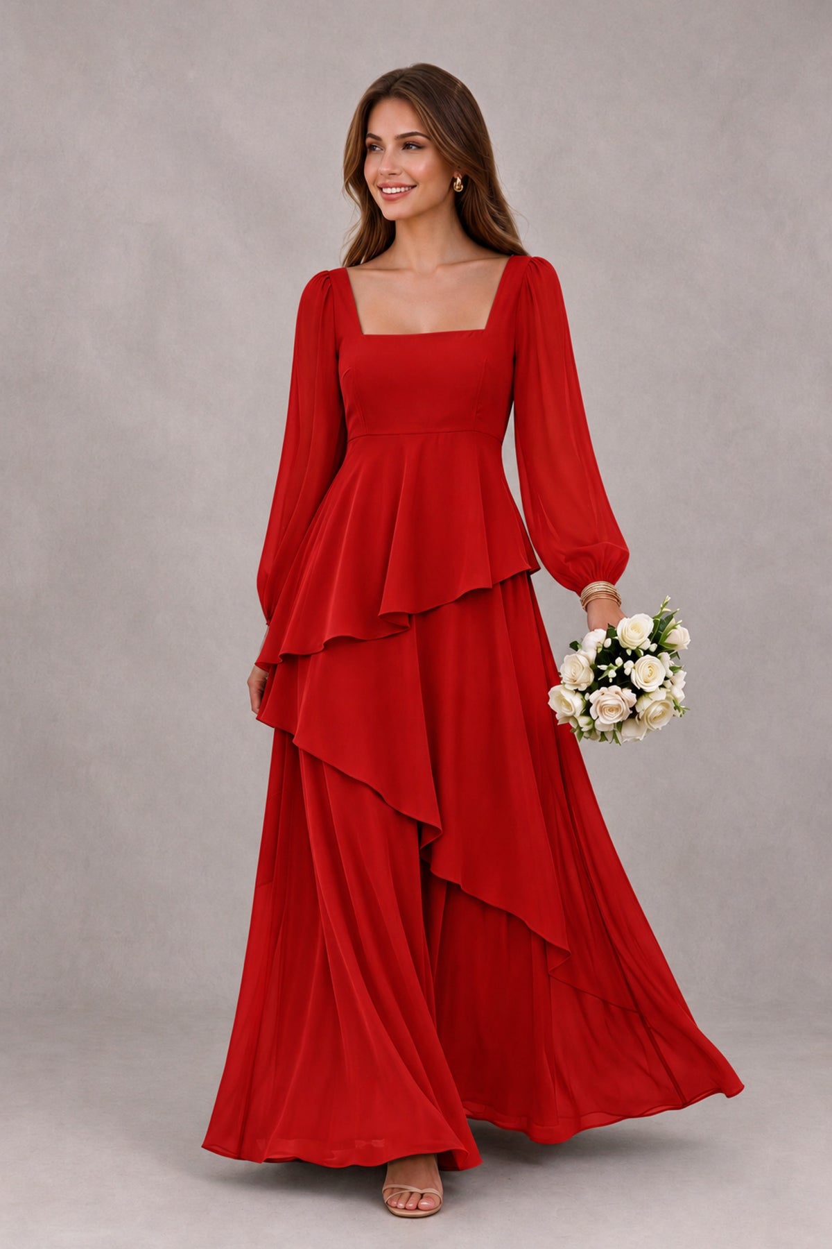 BOLODOO Red Long Sleeve Ruffle Bridesmaid Dresses - Red - Red_1