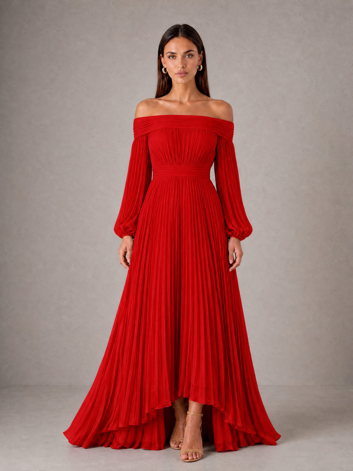 BOLODOO Red Off-Shoulder Long Sleeve Pleated High-Low Dress - Red - Red_1