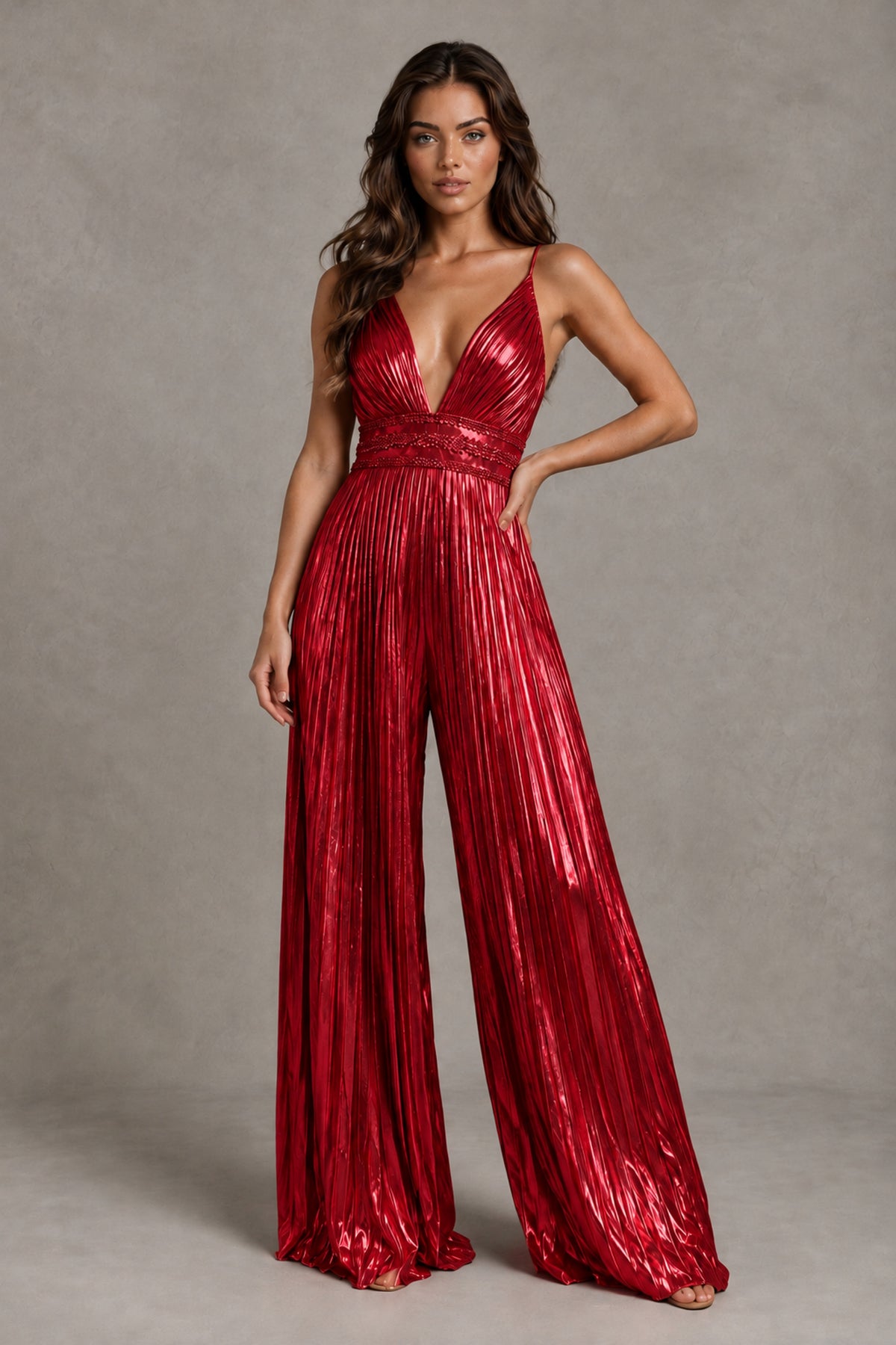BOLODOO Red Pleated Wide-Leg Jumpsuit with Open Back - Red