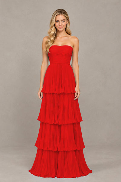 BOLODOO Red Strapless Tiered Chiffon Maxi Dress - Red