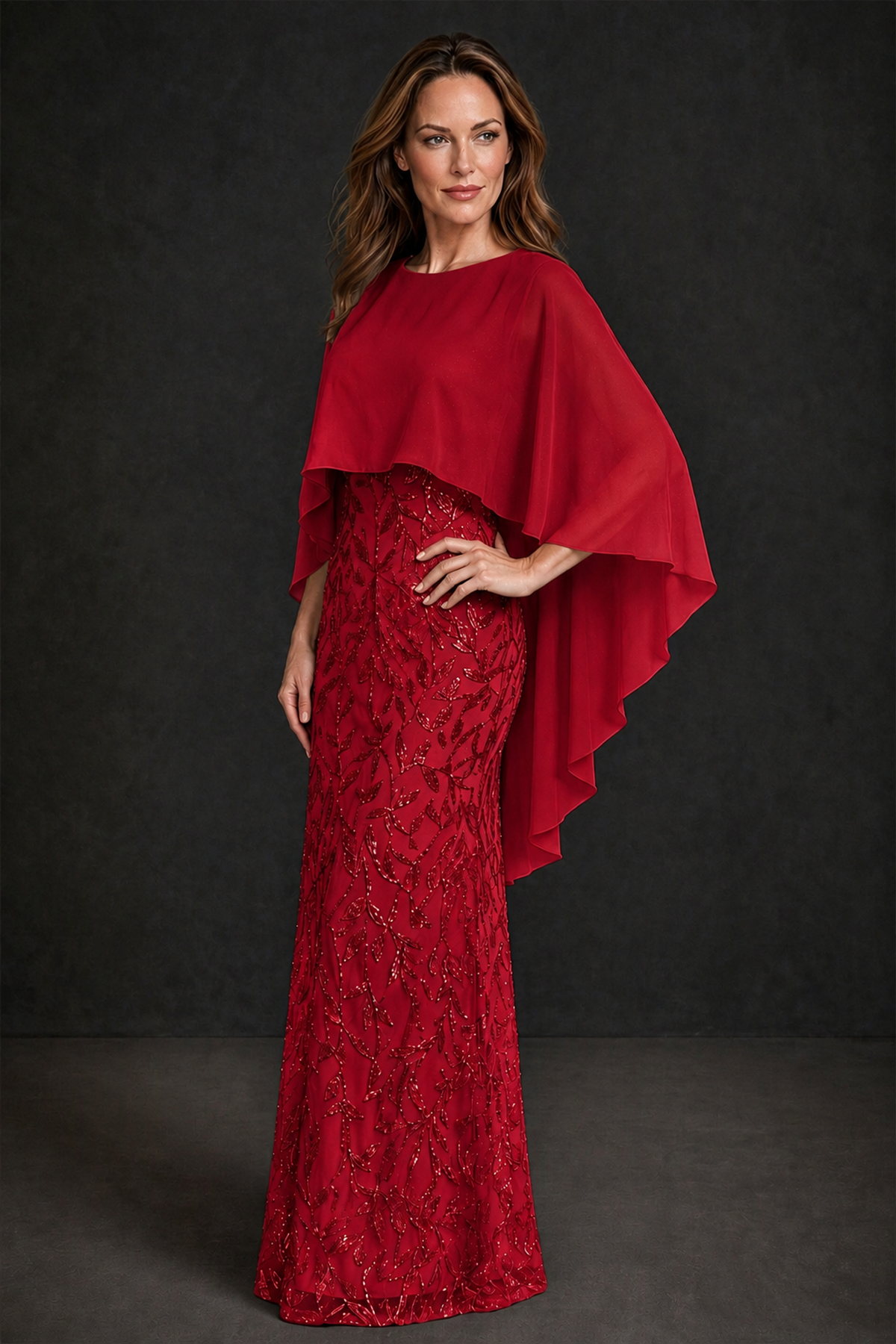 BOLODOO Red Round Neck Chiffon Cape Overlay Sequin Lace Mermaid Maxi Dress - Red - Red_1