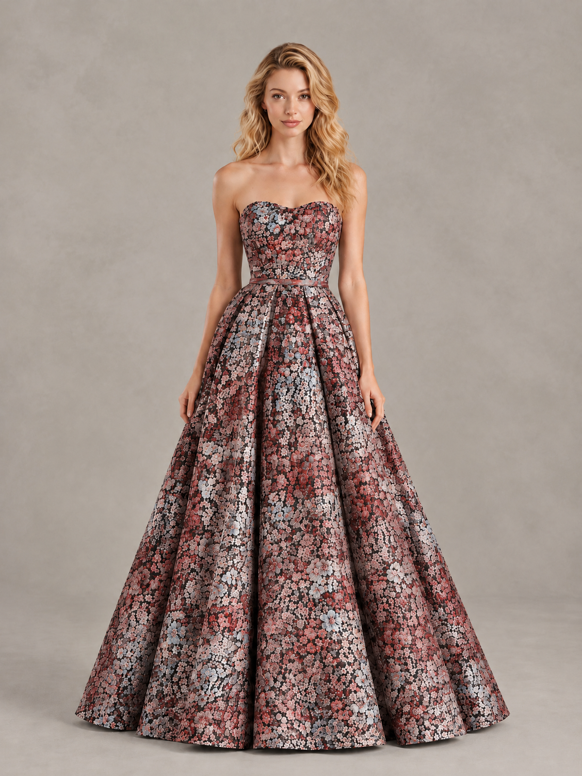 BOLODOO Red Grey Floral Strapless A-Line Evening Gown - Red - Red(1)
